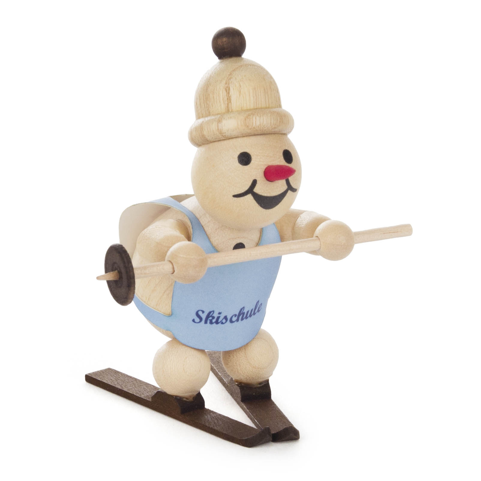 Holzspielzeug-Schneemann mit Mütze, Helm, blauer Weste und Skiern, der mit einer langen Stange im Schneepflug-Stil auf einem Brett fährt. im Dregeno Online Shop günstig kaufen