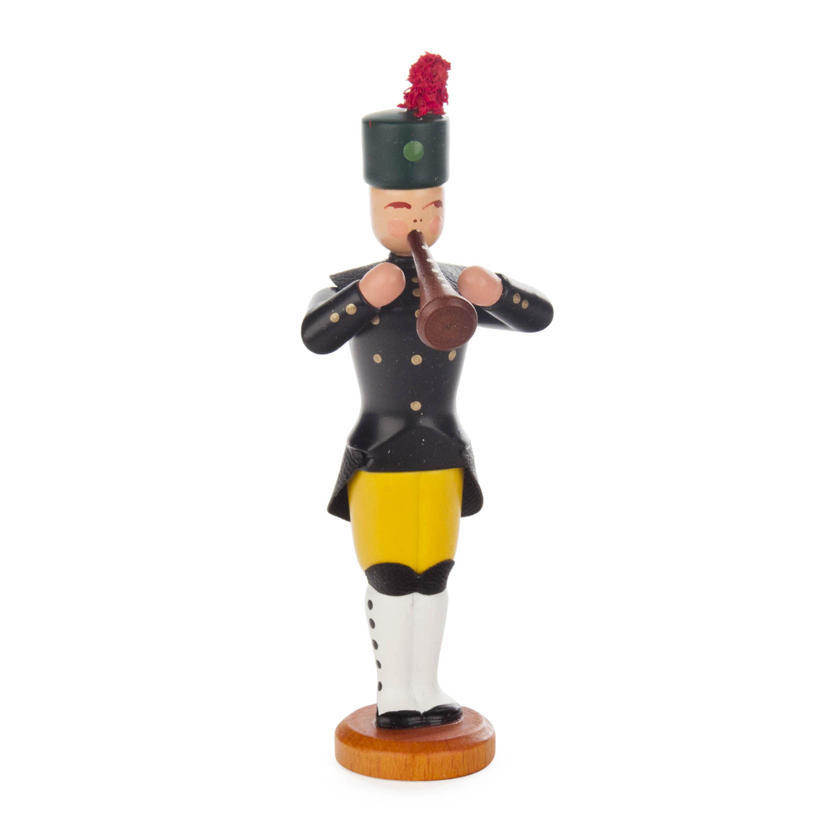 Holzfigur eines Bergmanns, der eine Klarinette spielt. Die Figur trägt eine traditionelle Bergmannsuniform mit schwarzer Jacke, gelber Hose und einem grünen Hut. im Dregeno Online Shop günstig kaufen