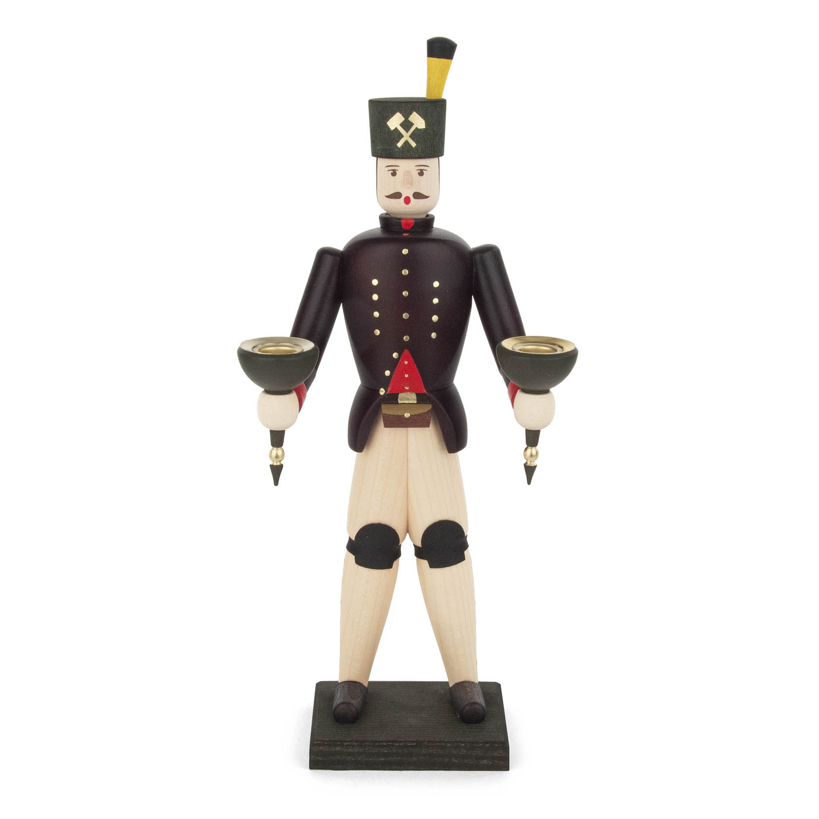 Holzfigur eines Bergmanns in traditioneller Uniform, der in jeder Hand einen Kerzenhalter für 14mm Kerzen hält. im Dregeno Online Shop günstig kaufen