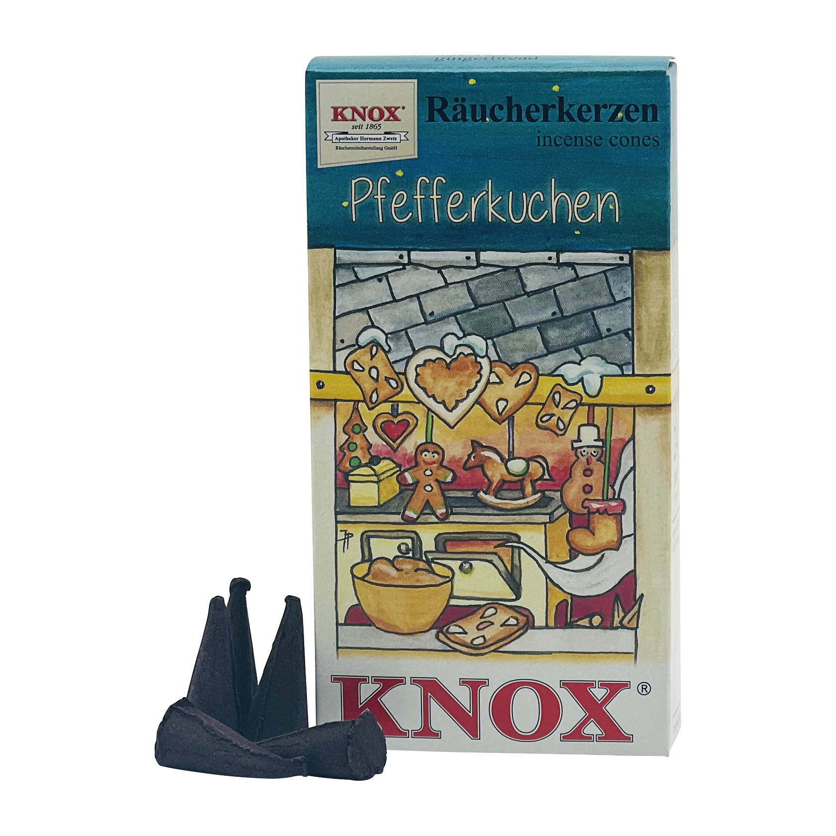 Eine Packung KNOX Räucherkerzen mit der Aufschrift 'Pfefferkuchen'. Vor der Packung liegen mehrere dunkle, kegelförmige Räucherkerzen. im Dregeno Online Shop günstig kaufen