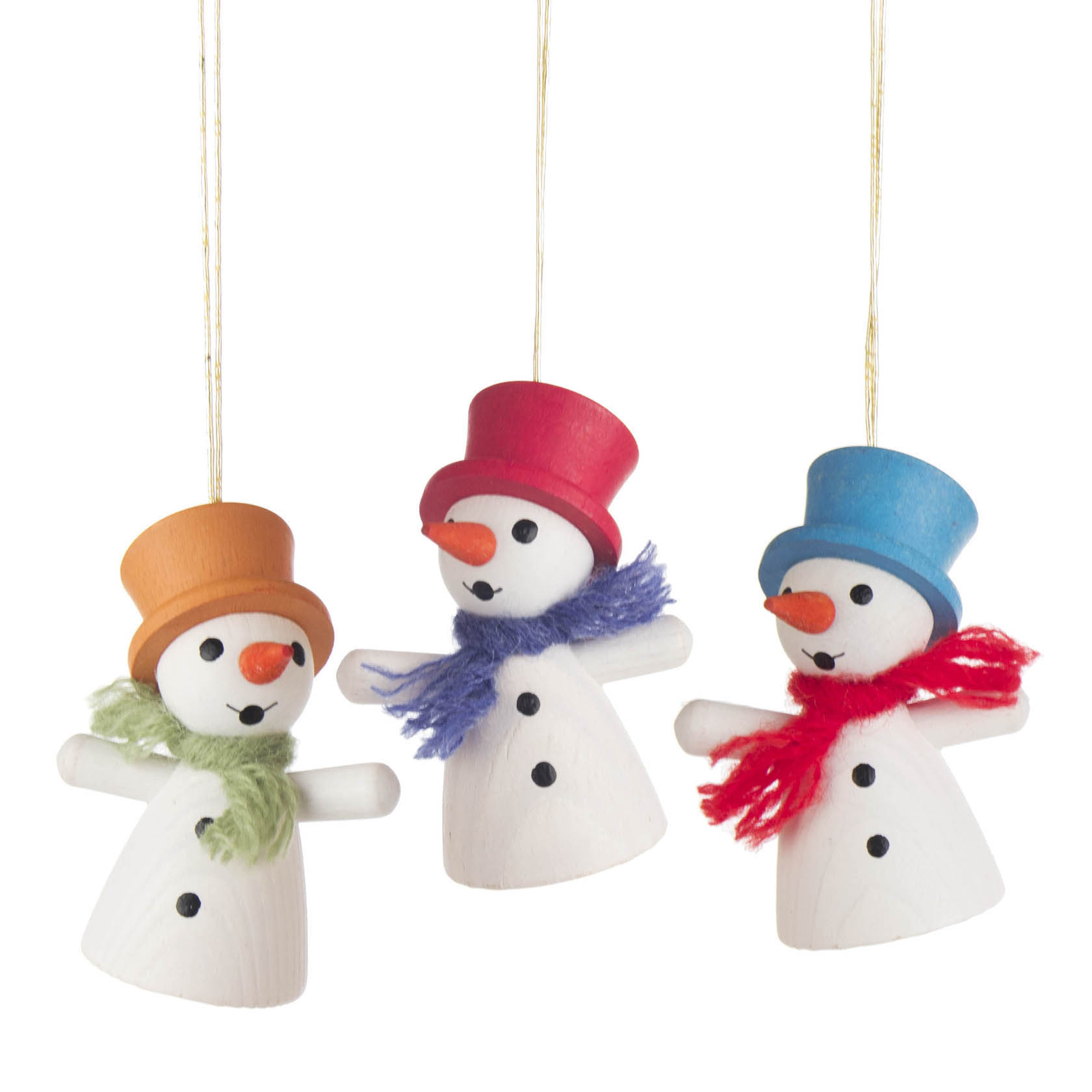 Drei hölzerne Schneemann-Hängeornamente mit bunten Schals und Hüten in Orange, Rot und Blau. im Dregeno Online Shop günstig kaufen