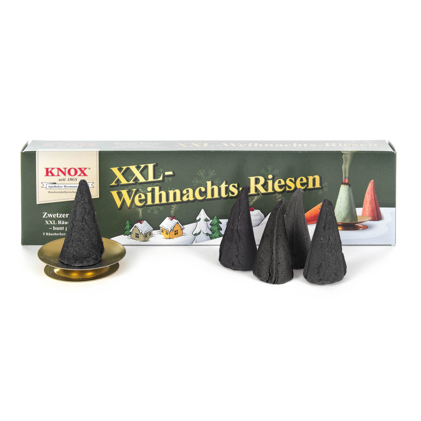 Vier große, schwarze Räucherkerzen in Kegelform stehen vor einer Verpackung mit der Aufschrift 'KNOX XXL-Weihnachts-Riesen'. Daneben eine kleine goldene Glimmschale. im Dregeno Online Shop günstig kaufen