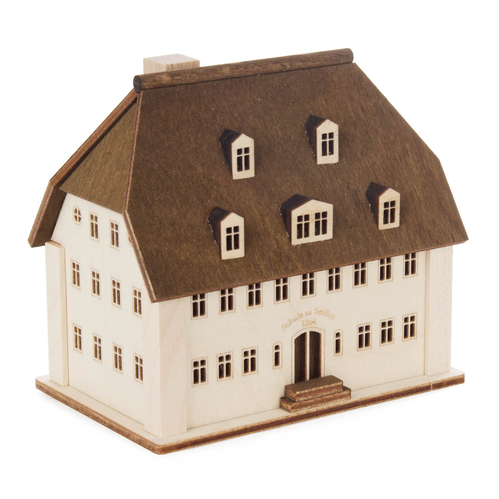 Dekoratives Lichterhaus in Form eines Schulgebäudes, mit braunem Dach und weißen Wänden, stilisiert mit mehreren kleinen Fenstern. im Dregeno Online Shop günstig kaufen