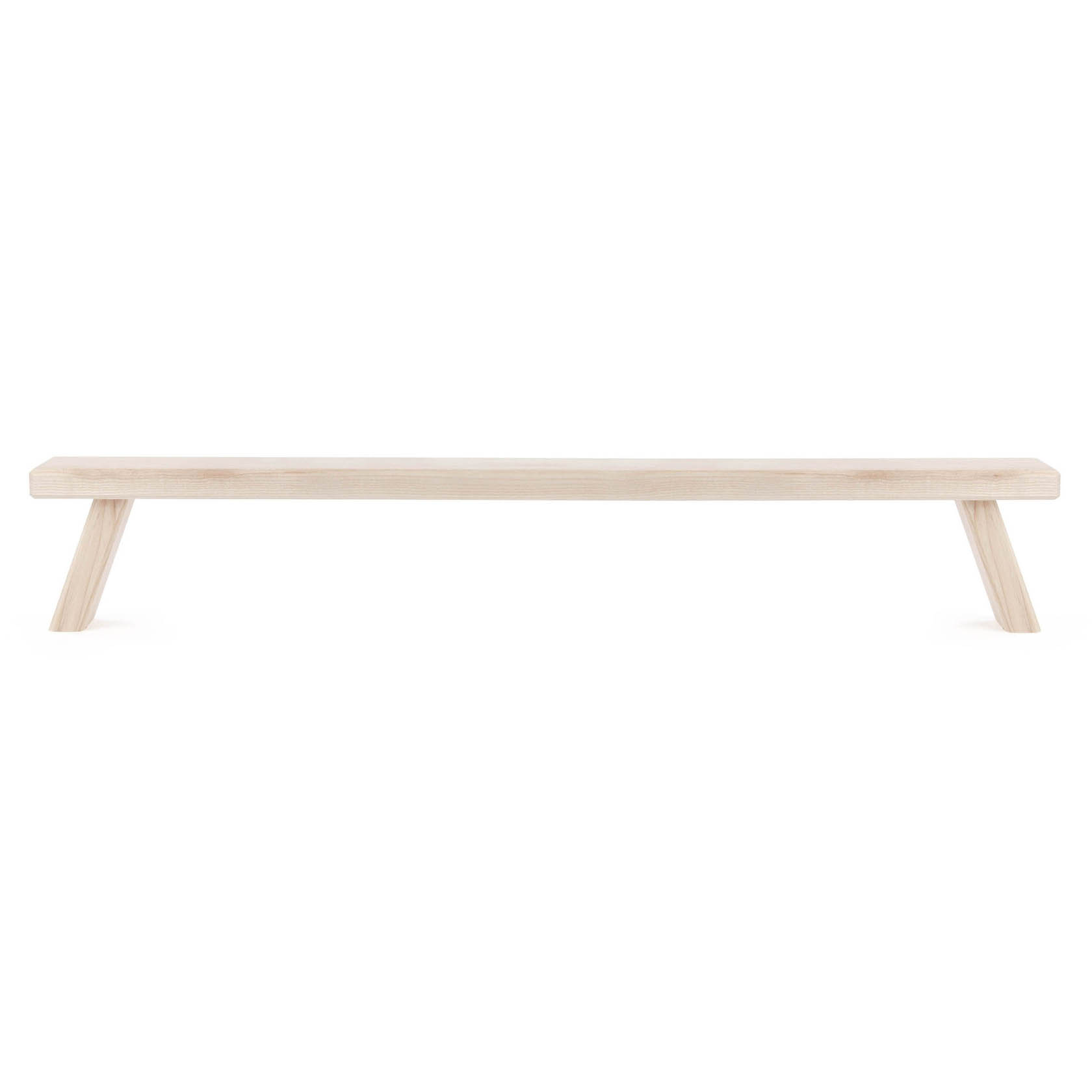 Minimalistische Holzbank mit klaren Linien und leicht geneigten Beinen. Höhepunkte sind Schlichtheit und Funktionalität im Design. im Dregeno Online Shop günstig kaufen