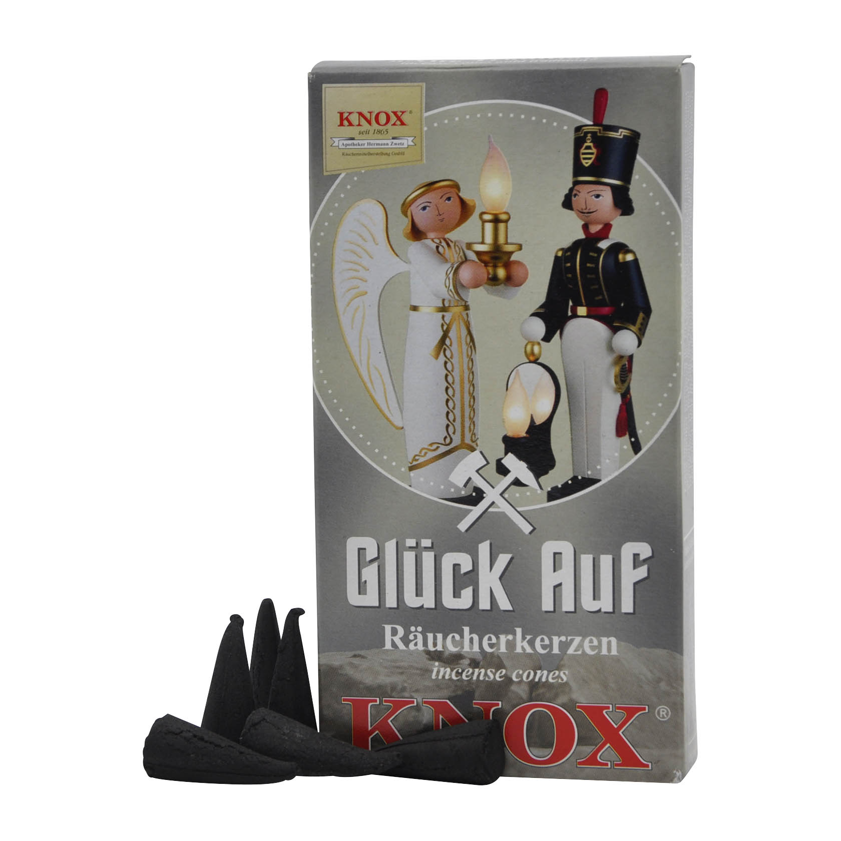 A box of KNOX incense cones featuring an image of an angel and miner holding candles, along with the text 'Glück Auf' and three dark cones emitting smoke. im Dregeno Online Shop günstig kaufen