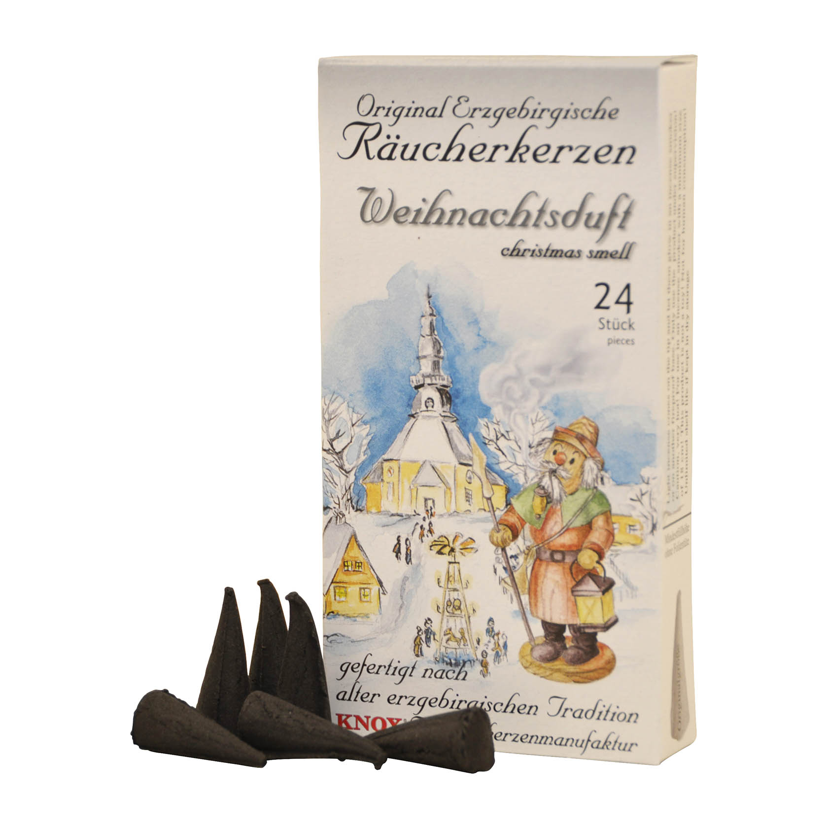 Box of KNOX incense cones with the label 'Weihnachtsduft', featuring 24 pieces and traditional Erzgebirge Christmas imagery, including a festive scene with snow and a chapel. im Dregeno Online Shop günstig kaufen