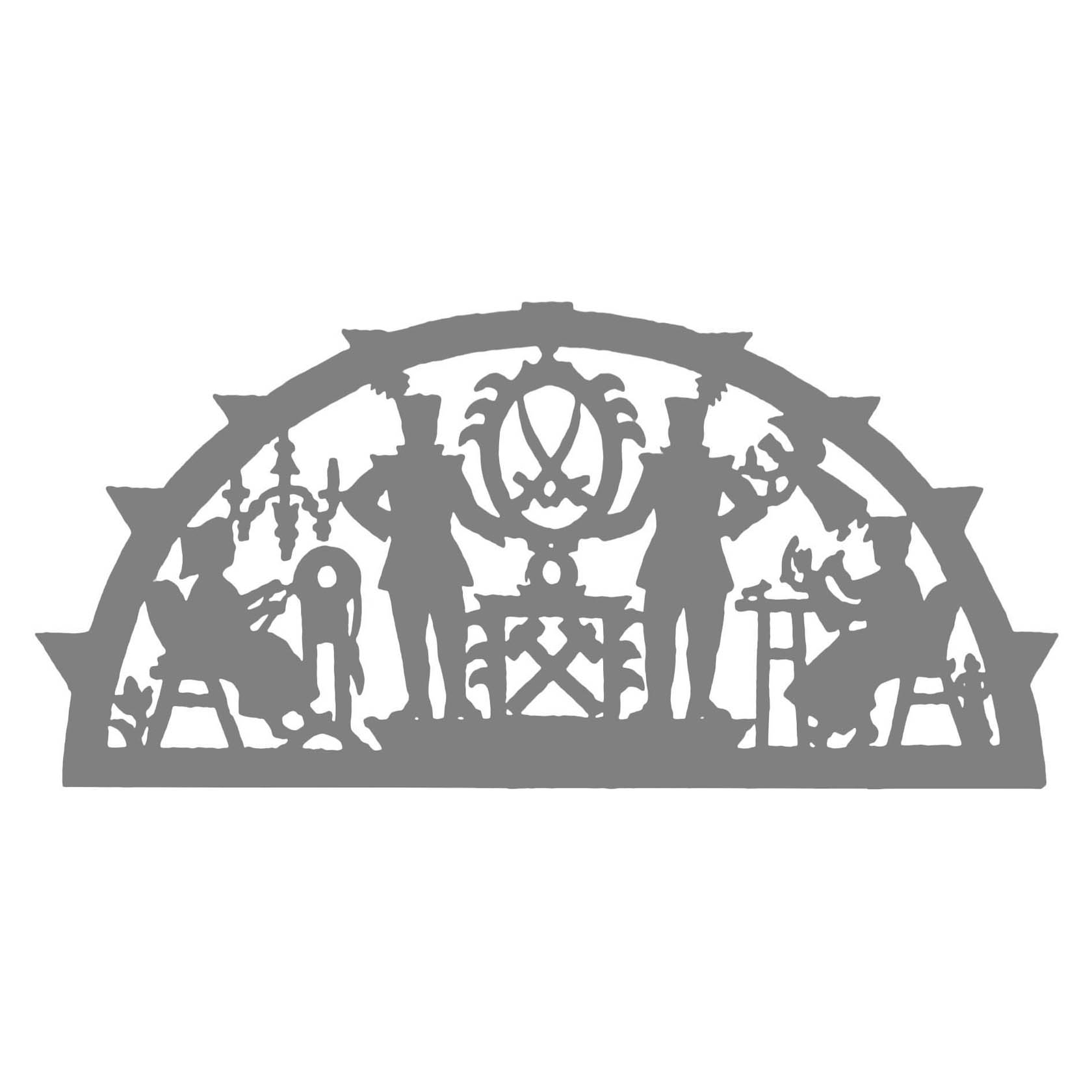 Laubsägevorlage zeigt einen Scherenschnitt mit zwei Bergmännern und symbolischen Figuren in traditioneller Kleidung, umgeben von traditionellen Werkzeugen. im Dregeno Online Shop günstig kaufen