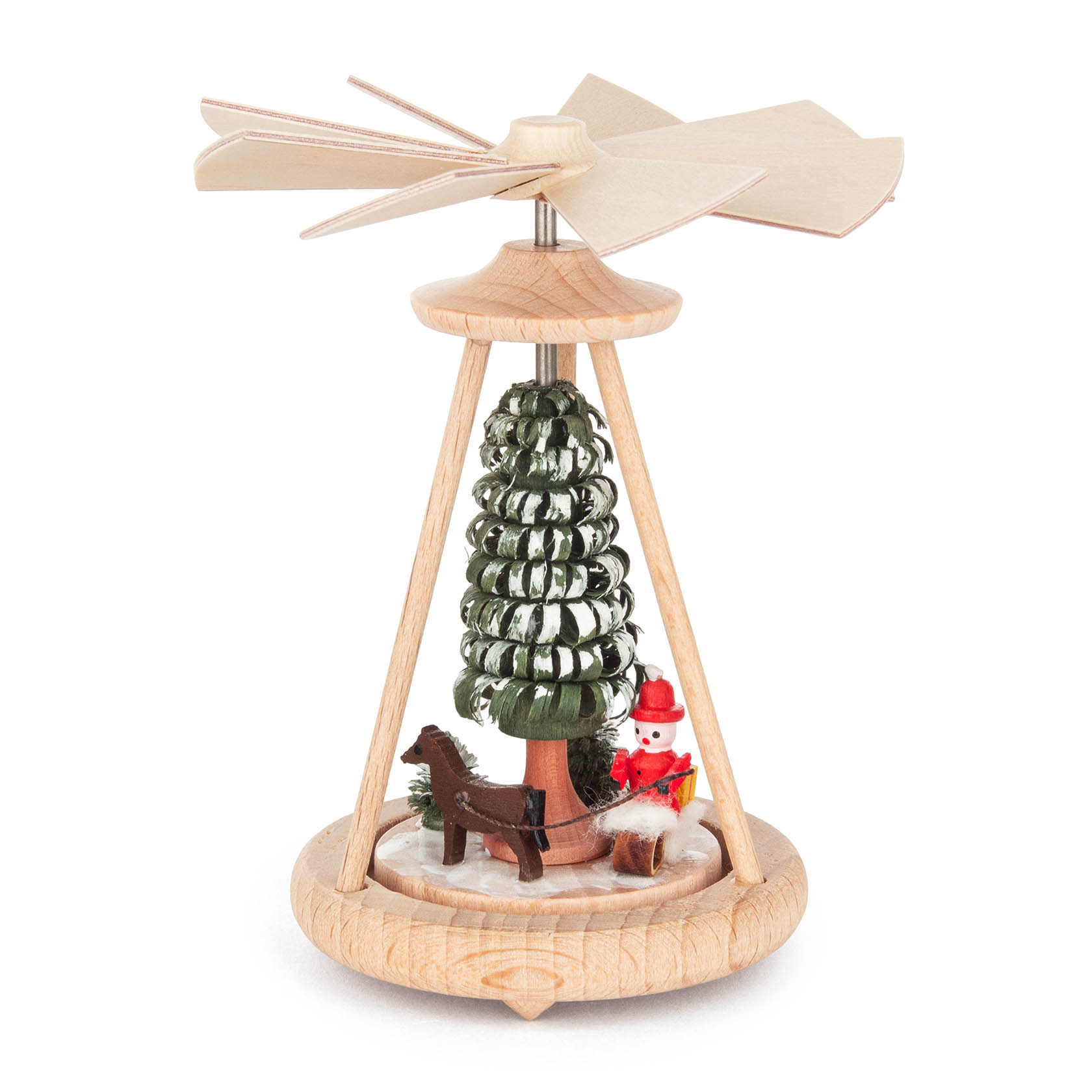Holz-Wärmespiel mit rotgekleidetem Weihnachtsmann neben einem Schlitten, gezogen von zwei braunen Rentieren, unter einem grünen Baum. im Dregeno Online Shop günstig kaufen