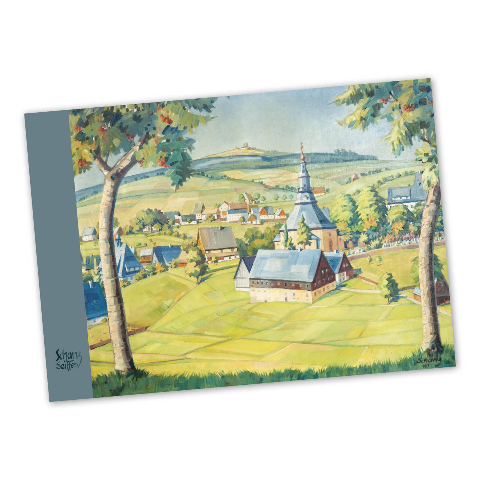 A scenic painting by Max Schanz titled 'Colors of the Mountains', depicting a village landscape with a prominent church and surrounding hills in Seiffen. im Dregeno Online Shop günstig kaufen