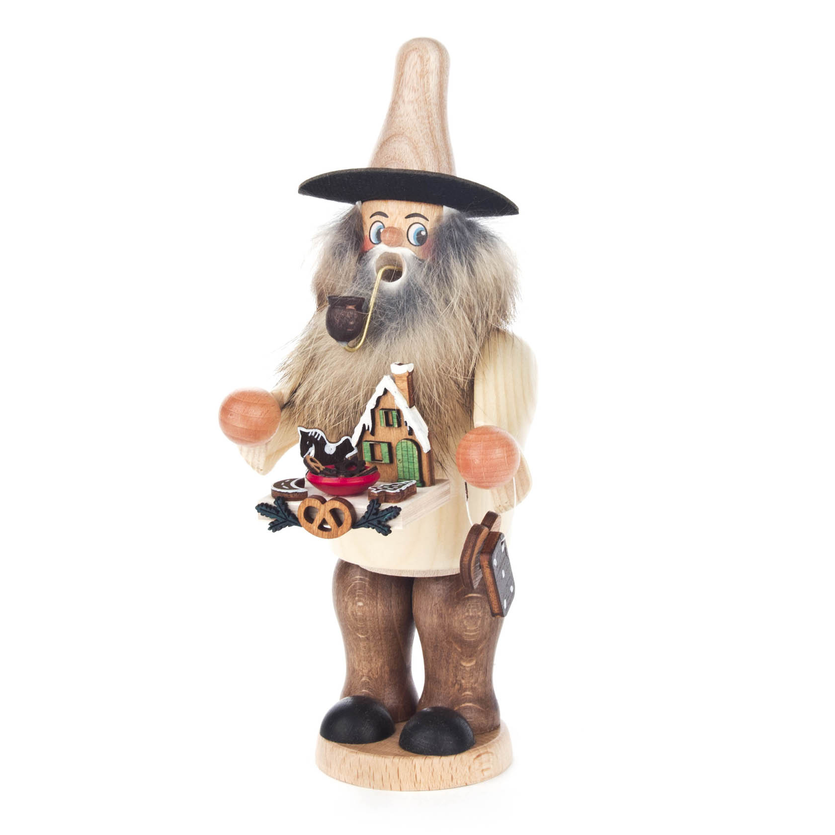 Räuchermannfigur mit braunem Bart, typischem Hut, Pfeife im Mund und einer Schale mit Lebkuchen, Lebkuchenhaus und Brezel. im Dregeno Online Shop günstig kaufen