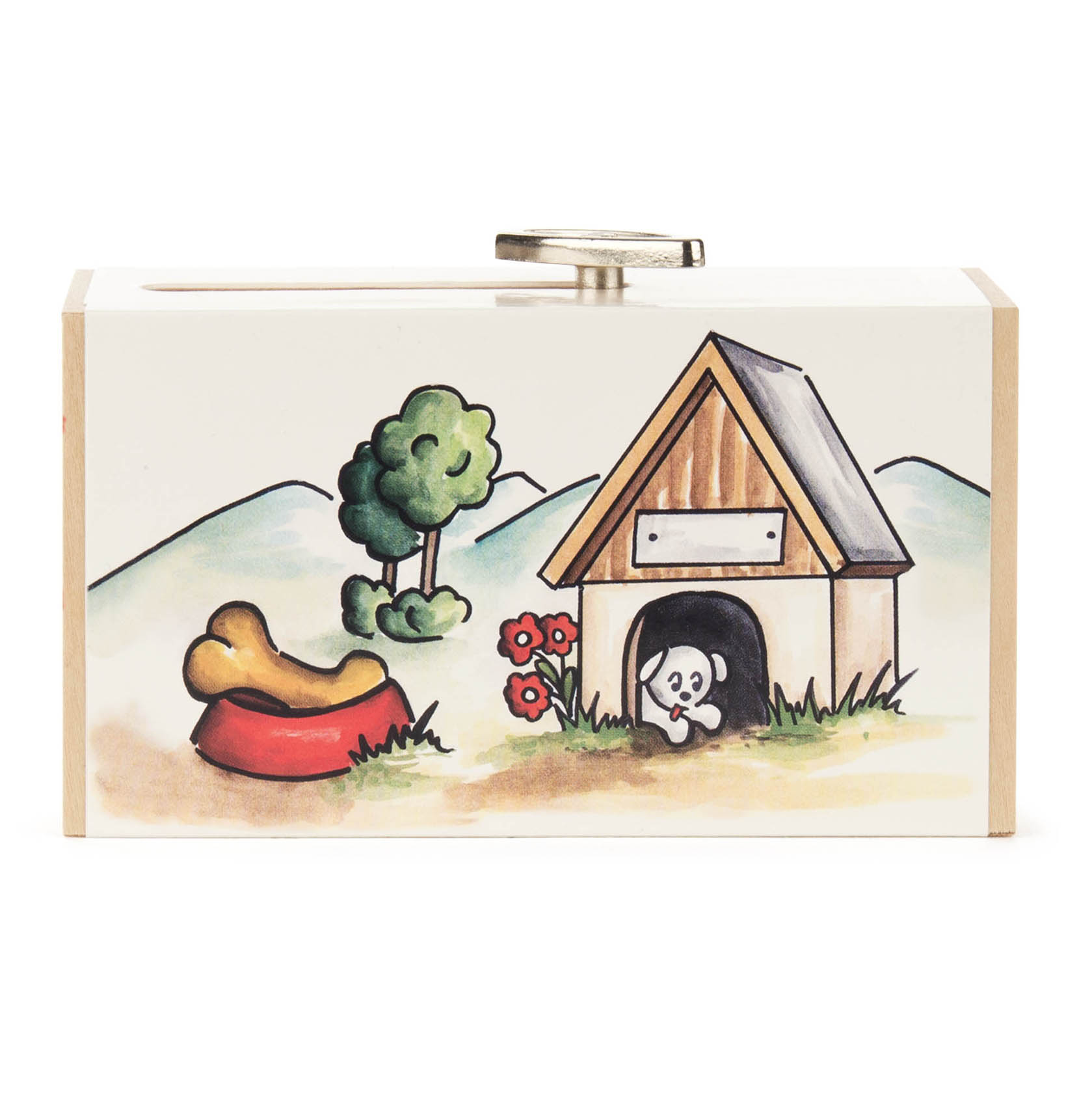 Musikbox mit Hundebox-Motiv, zeigt einen Hund in einer Hundehütte, einen Futternapf mit Knochen und Blumen im Vordergrund auf einer Wiese.