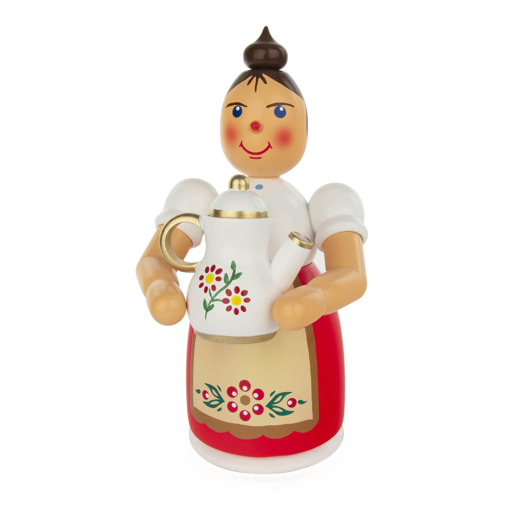 Holzfigur einer lächelnden Räucherfrau mit Schürze, die eine bemalte weiße Kanne hält. im Dregeno Online Shop günstig kaufen