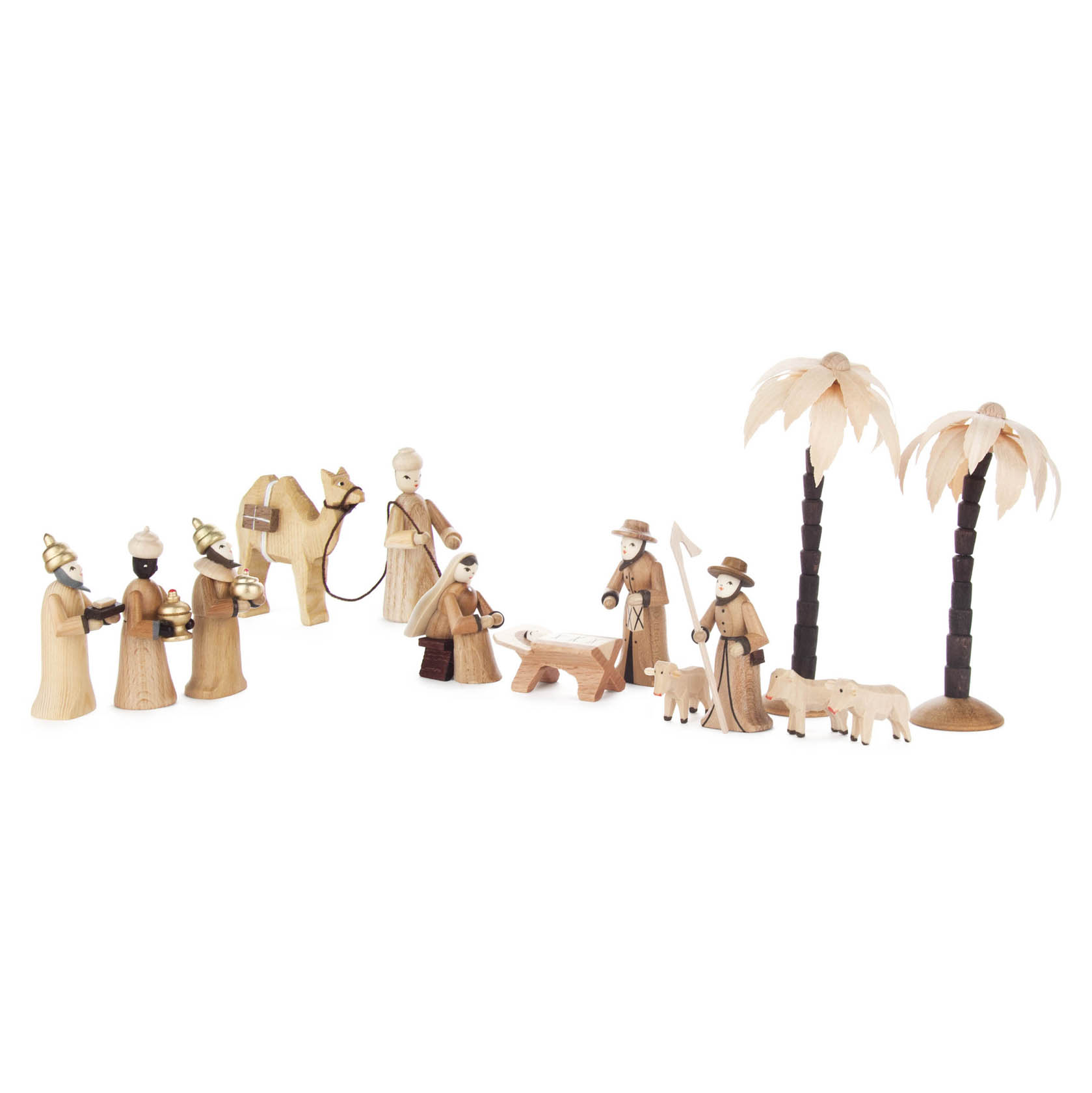 Holzkrippenfiguren aus Naturmaterialien: Maria, Josef, das Jesuskind in der Krippe, die Heiligen Drei Könige, ein Hirte, Schafe, ein Kamel und zwei Palmen. im Dregeno Online Shop günstig kaufen
