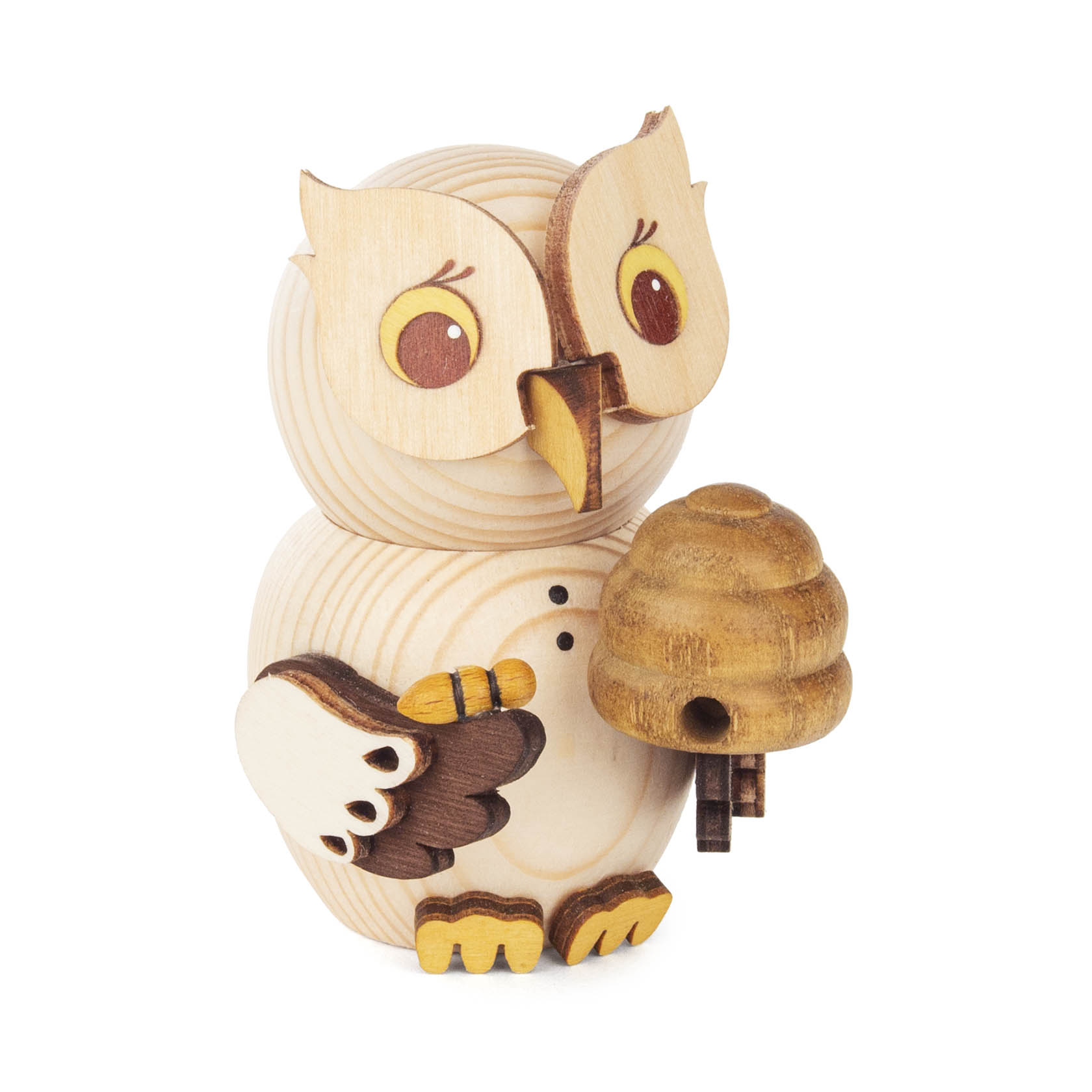 Holzfigur einer Mini-Eule imkerkleidung, die einen kleinen Bienenstock in einer Hand hält und in der anderen Hand einen kleinen Stock. im Dregeno Online Shop günstig kaufen
