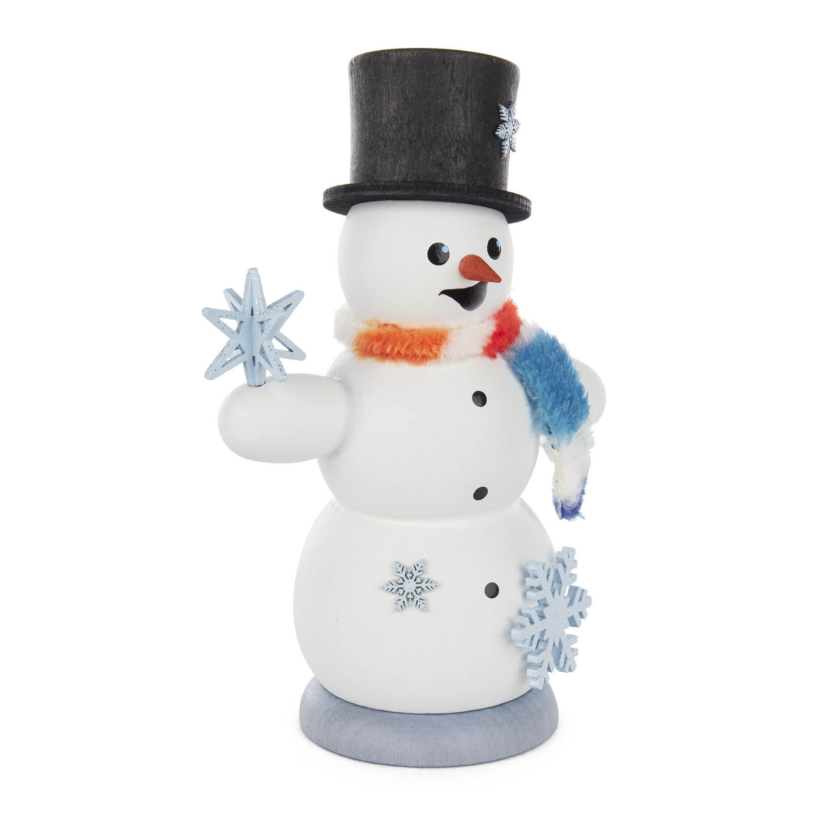 Ein Räuchermann in Form eines Schneemanns mit schwarzem Zylinderhut, bunter Schal und blauen Schneesternen in den Händen und am Körper.