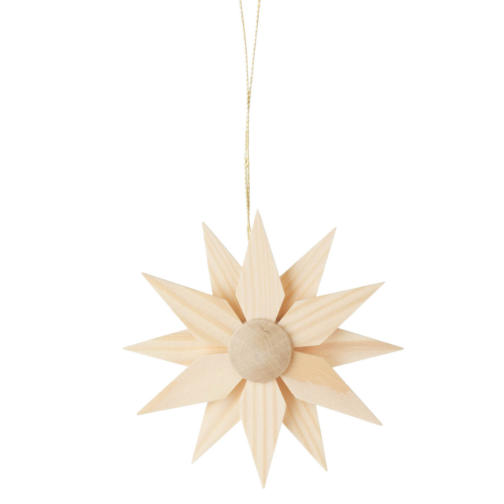 Ein sternförmiges Ornament aus Holz mit zwölf gleichlangen Zacken, das an einem goldenen Faden hängt.