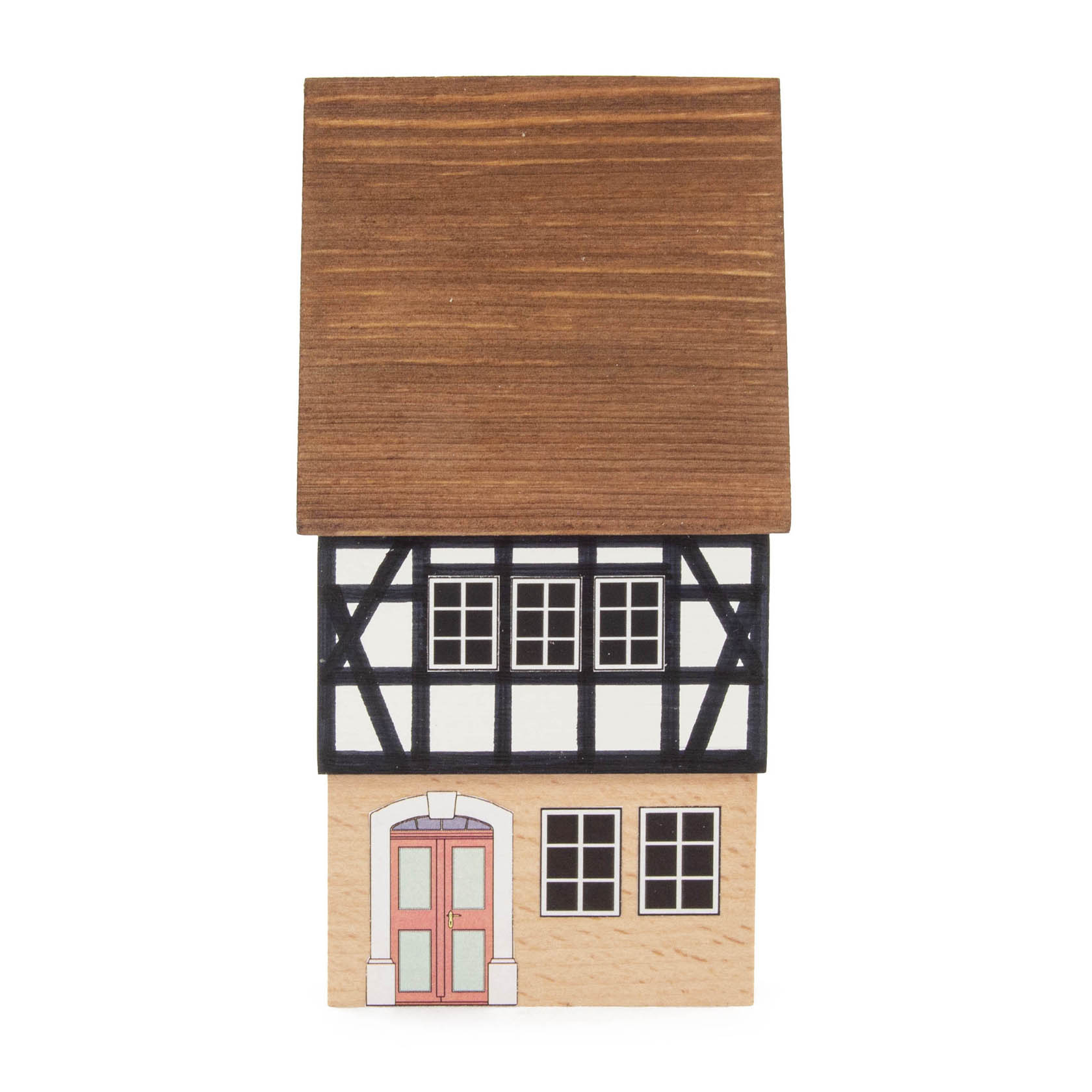 Holzmodell eines schmalen Fachwerk-Bürgerhauses mit drei Fenstern im Obergeschoss und roter Haustür. im Dregeno Online Shop günstig kaufen