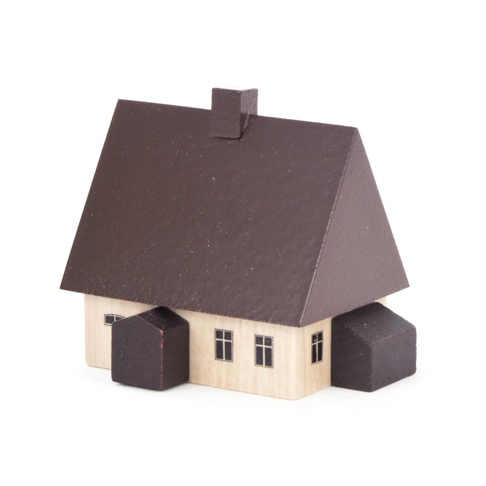Miniatur Holzhaus aus dem Erzgebirge, schlichtes Design mit dunklem Dach und naturfarbenen Wänden. im Dregeno Online Shop günstig kaufen