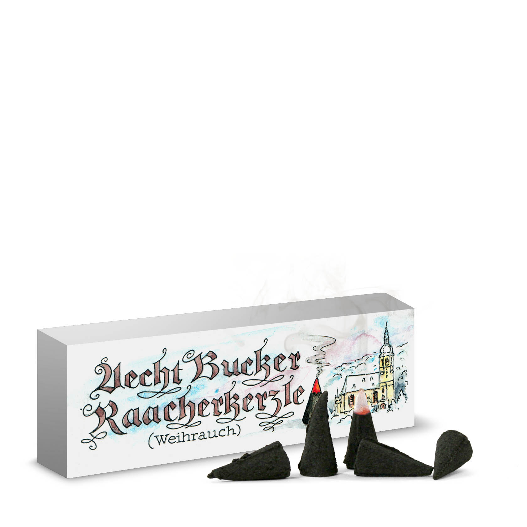 Eine Packung mit der Aufschrift 'Bucker Räucherkerzle (Weihrauch)' und mehreren grünen Kegel-Räucherkerzen im Vordergrund. im Dregeno Online Shop günstig kaufen