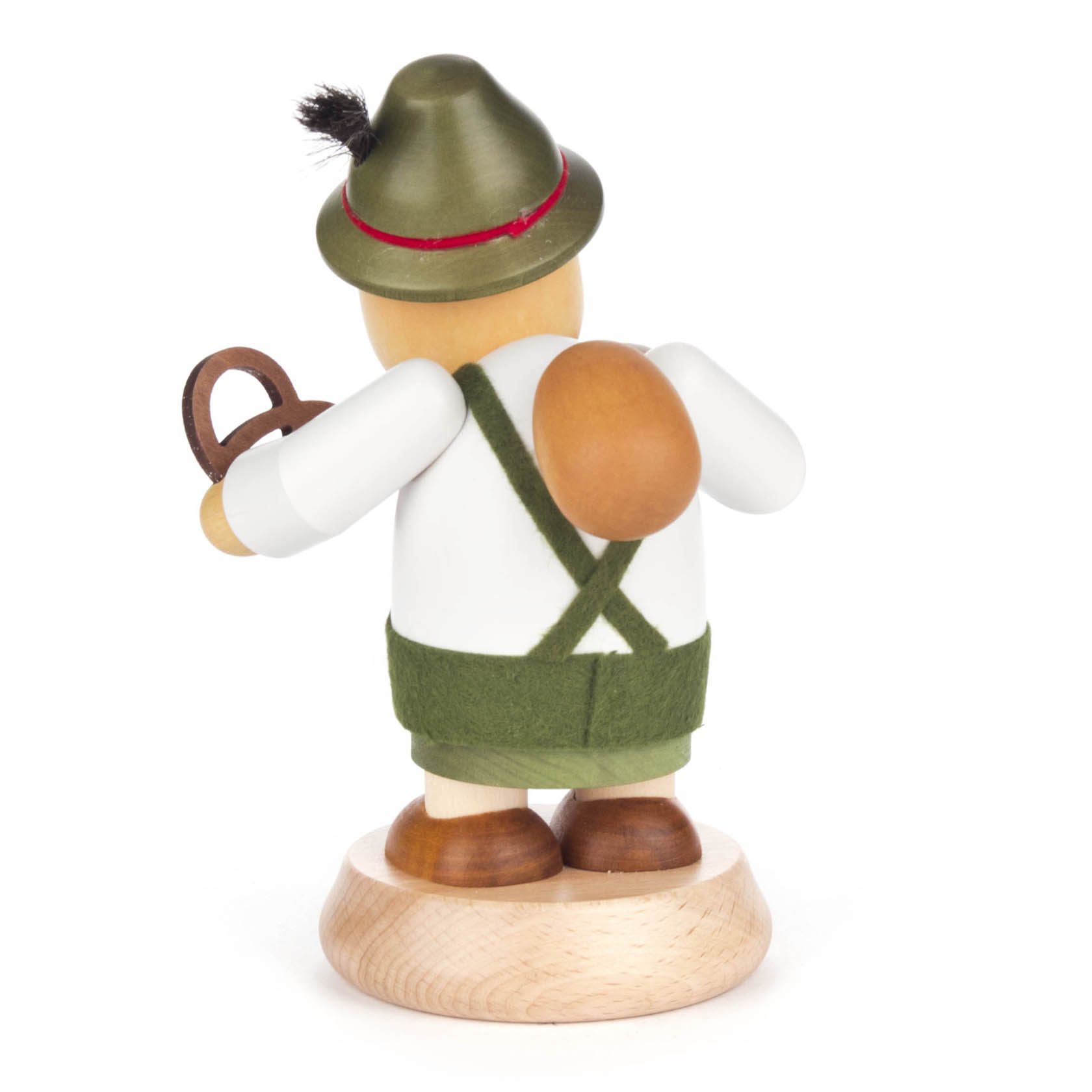 Traditional smoker figurine in Bavarian costume with green hat, holding a pretzel in one hand, wooden base.