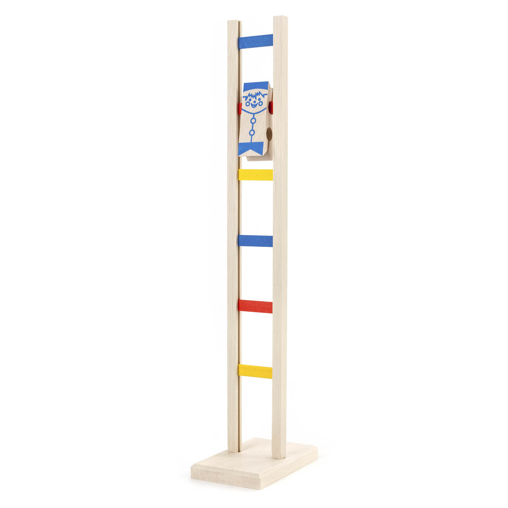 Holzspielzeug, das einen Clown zeigt, der eine Leiter herunterklettert. Die Leiter hat farbige Sprossen in Blau, Rot und Gelb. im Dregeno Online Shop günstig kaufen
