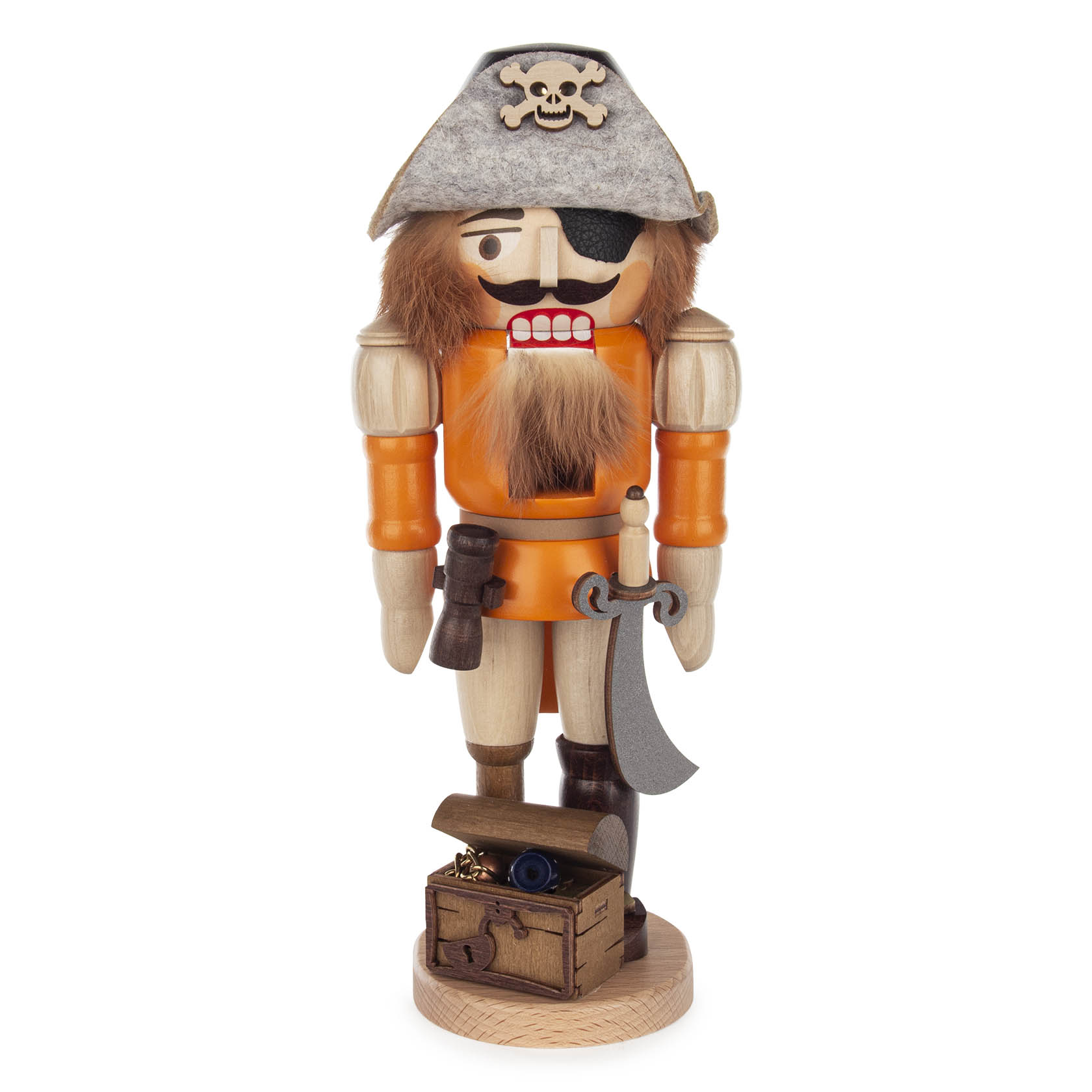 Ein Nussknacker in Form eines Piraten mit Augenklappe, Totenkopfhut und einem Säbel. Vor ihm steht eine Schatztruhe mit einem Kanonenrohr. im Dregeno Online Shop günstig kaufen