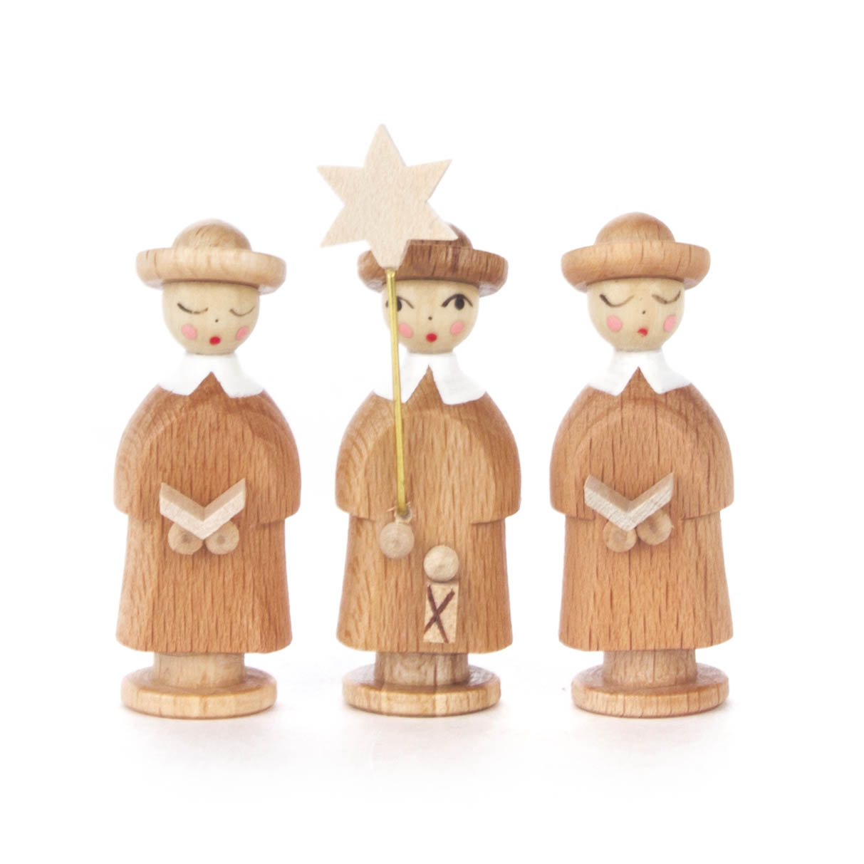 Drei Kurrendefiguren aus Holz, zwei mit aufgeschlagenen Büchern, eine in der Mitte mit einem Stern. Alle tragen lange Mäntel und Hüte. im Dregeno Online Shop günstig kaufen