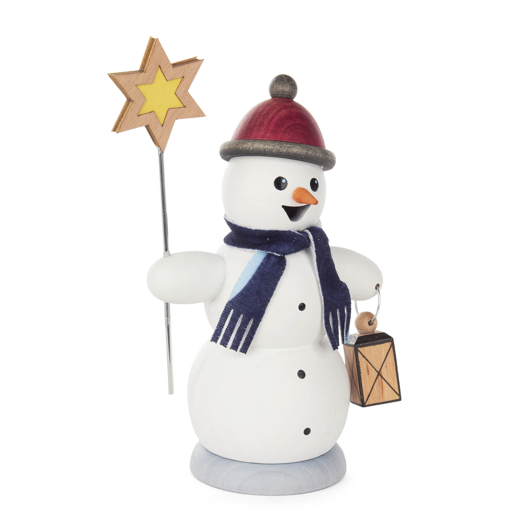 Ein Schneemann-Räuchermann mit rotem Hut, blauem Schal und hält einen Stern und eine Laterne. im Dregeno Online Shop günstig kaufen