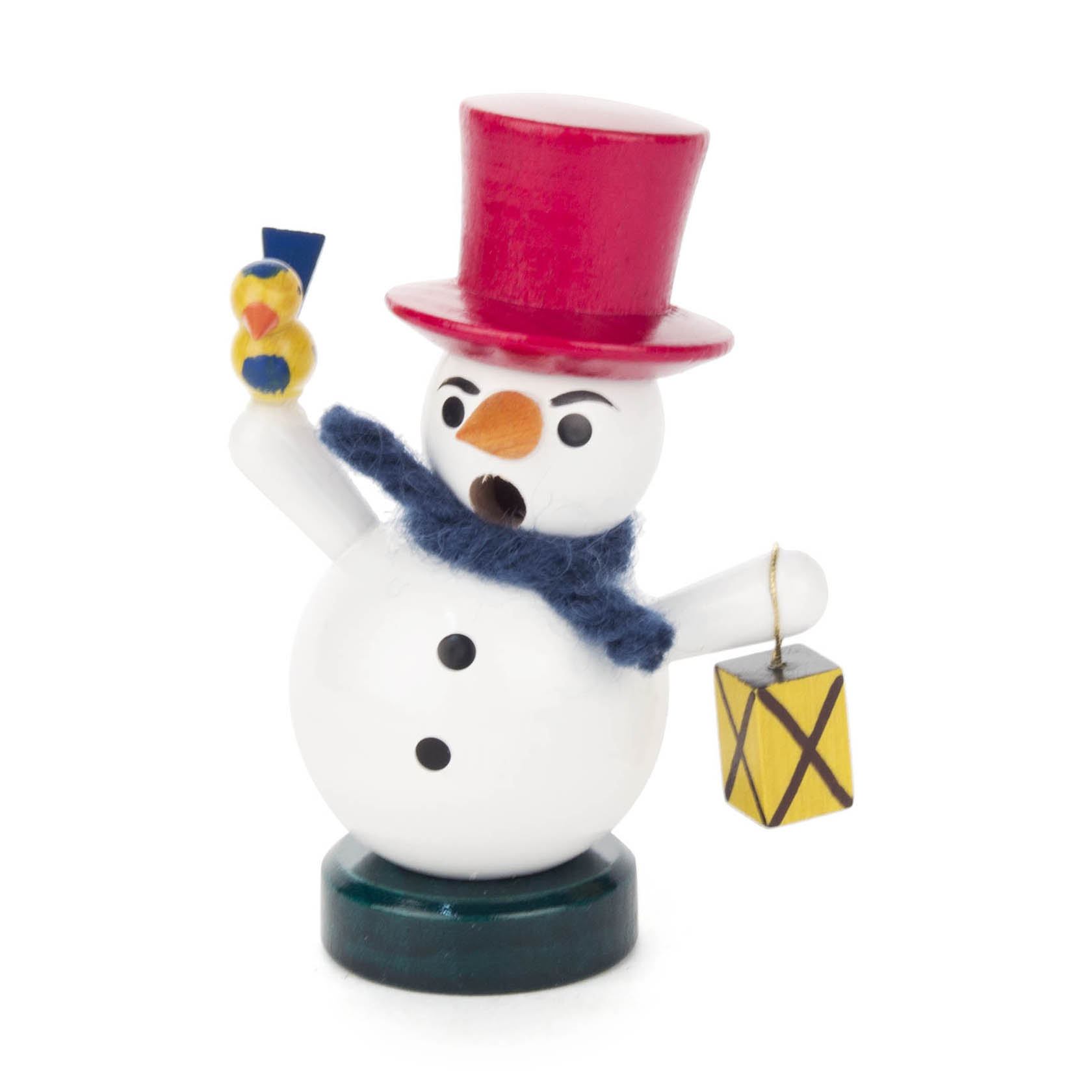 Mini-Räuchermann in Form eines Schneemanns, mit rotem Hut, blauer Schal, hält eine gelbe Laterne und eine kleine blaue Pfeife. im Dregeno Online Shop günstig kaufen