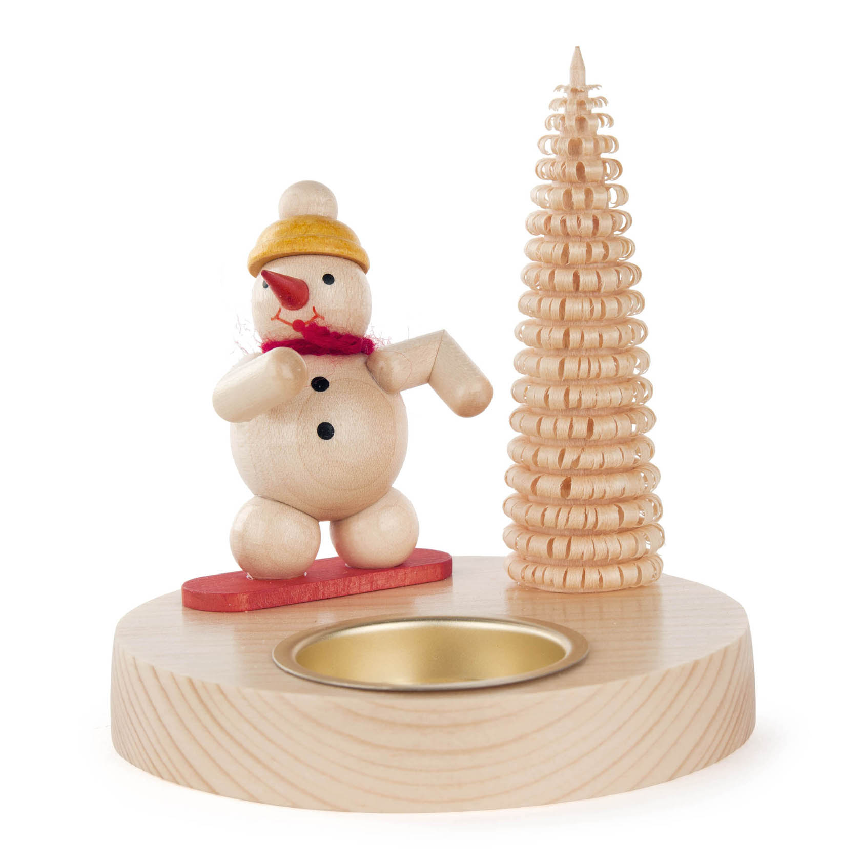 Wooden snowman tealight holder with a snowboard and a spiraled wooden tree, placed on a round wooden base. im Dregeno Online Shop günstig kaufen