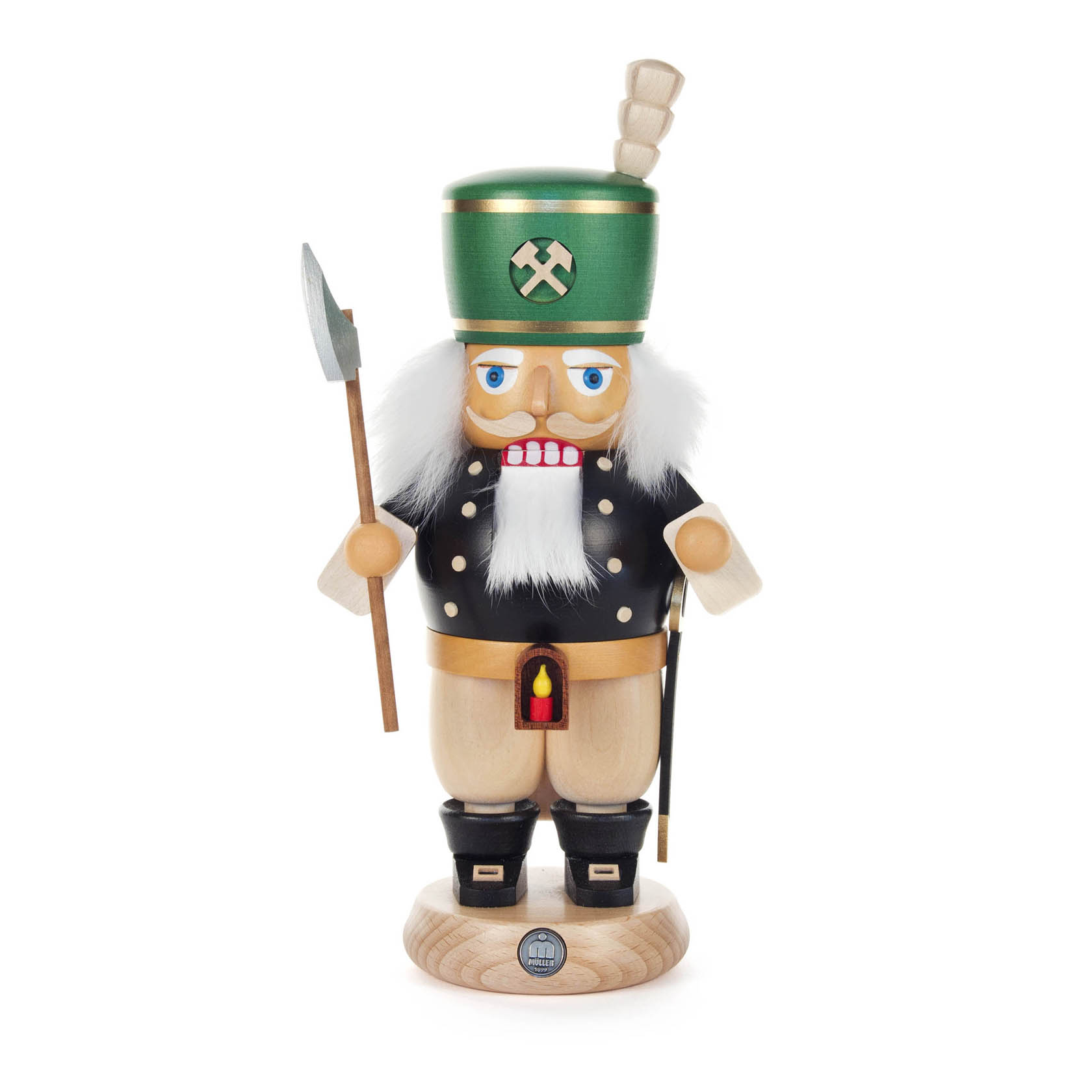 Wooden nutcracker figurine depicting a miner with black and natural wood colors, holding a pickaxe. The figurine is 25cm tall with a green hat. im Dregeno Online Shop günstig kaufen