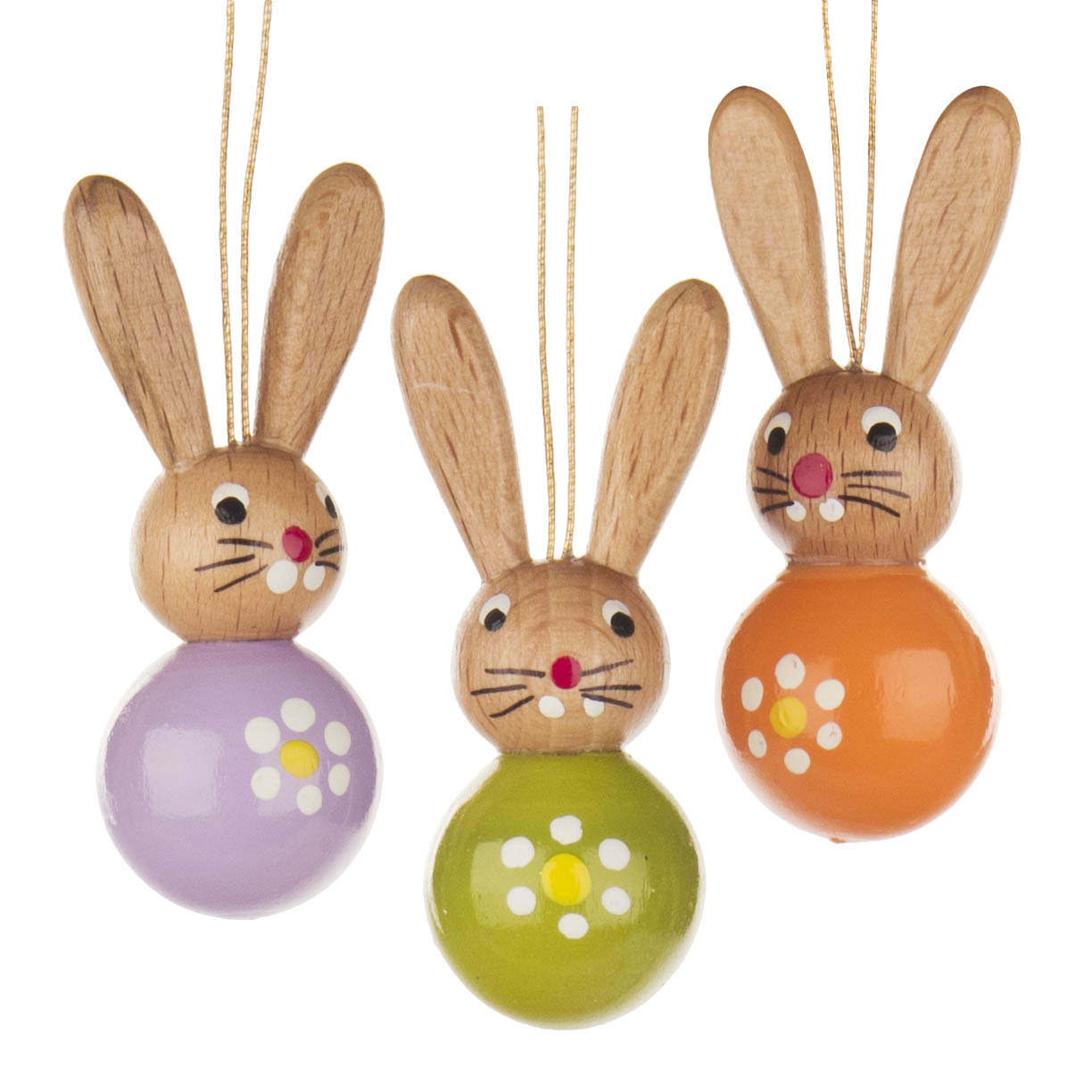 Drei hängende Holzhasen mit bemalten Gesichtern und bunten Bäuchen in Lila, Grün und Orange, jeweils mit Blumenmuster und langen Ohren. im Dregeno Online Shop günstig kaufen