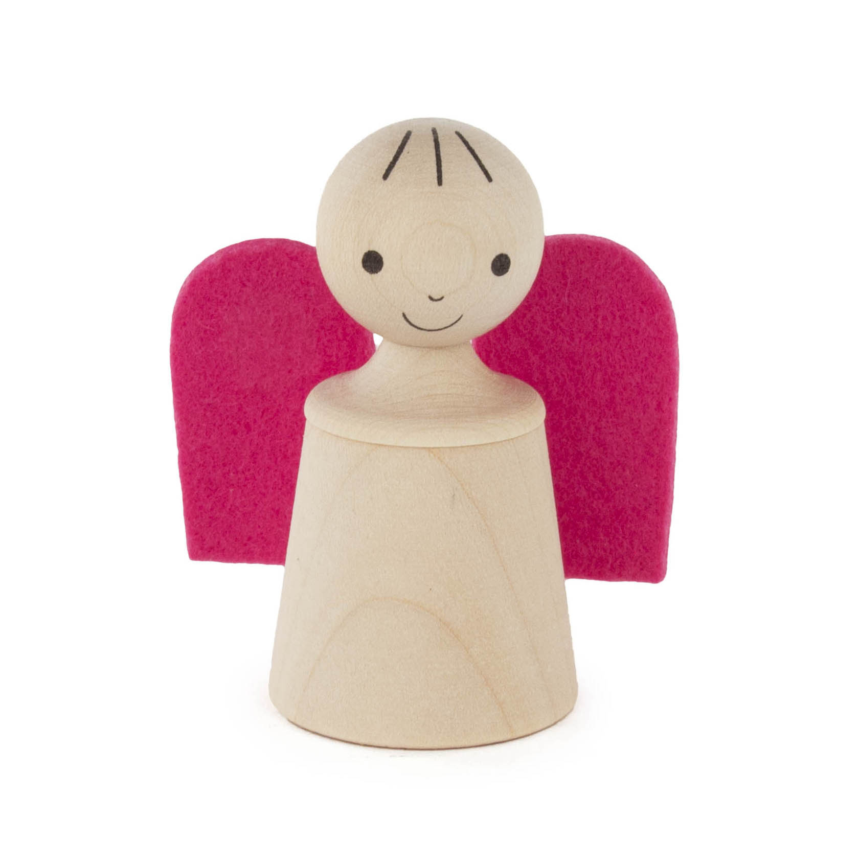 Holzfigur eines Schutzengels mit pinken Flügeln und einem lächelnden Gesicht. Die Flügel bestehen aus Filz, und der Engel hat schlichte schwarze Linien als Haare. im Dregeno Online Shop günstig kaufen