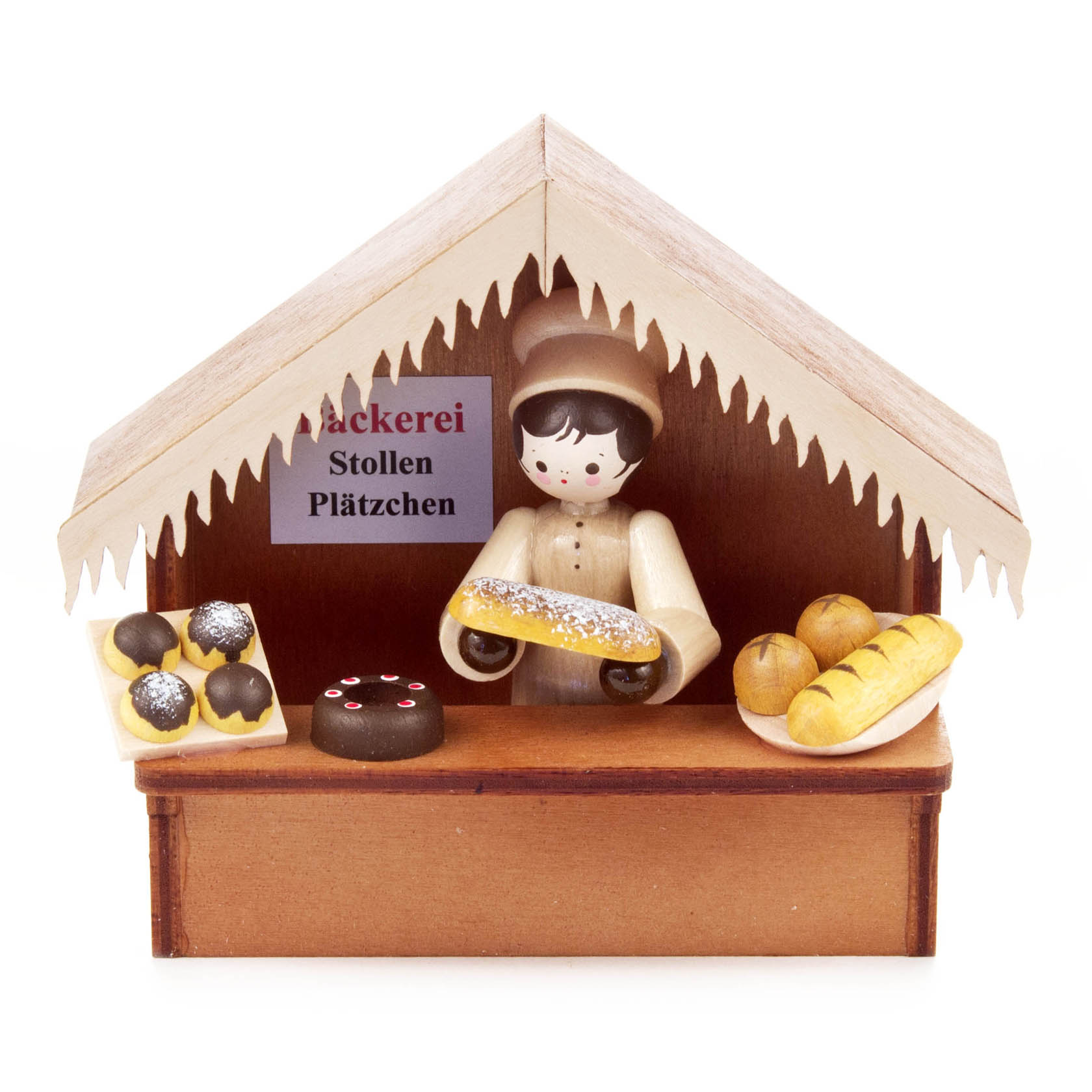 Miniatur einer Weihnachtsmarktbude aus Holz. Eine Figur in Bäckerbekleidung hält einen Stollen. Auf dem Tresen sind Brote, ein Kuchen und Plätzchen. im Dregeno Online Shop günstig kaufen