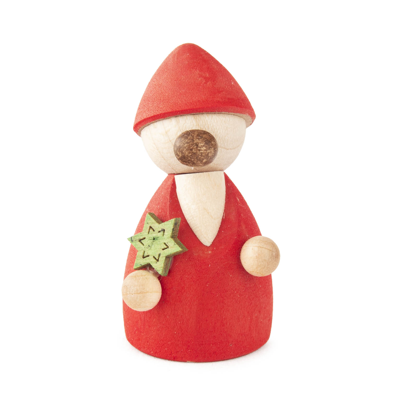 Ein roter Wichtel mit spitzem Hut und rundem Holzgesicht hält einen grünen Stern in der Hand. im Dregeno Online Shop günstig kaufen
