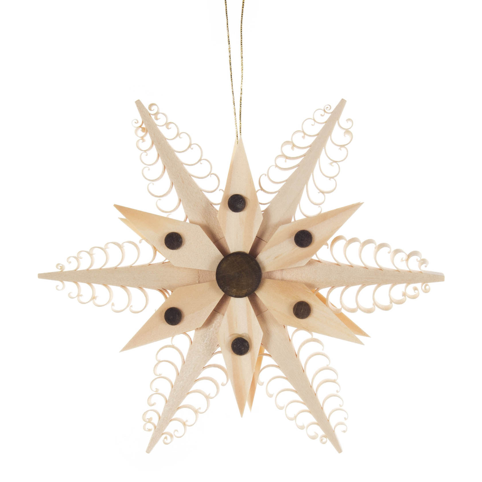Holzstern mit Schnitzereien und dunklen Akzenten, der an einem goldenen Faden hängt. im Dregeno Online Shop günstig kaufen