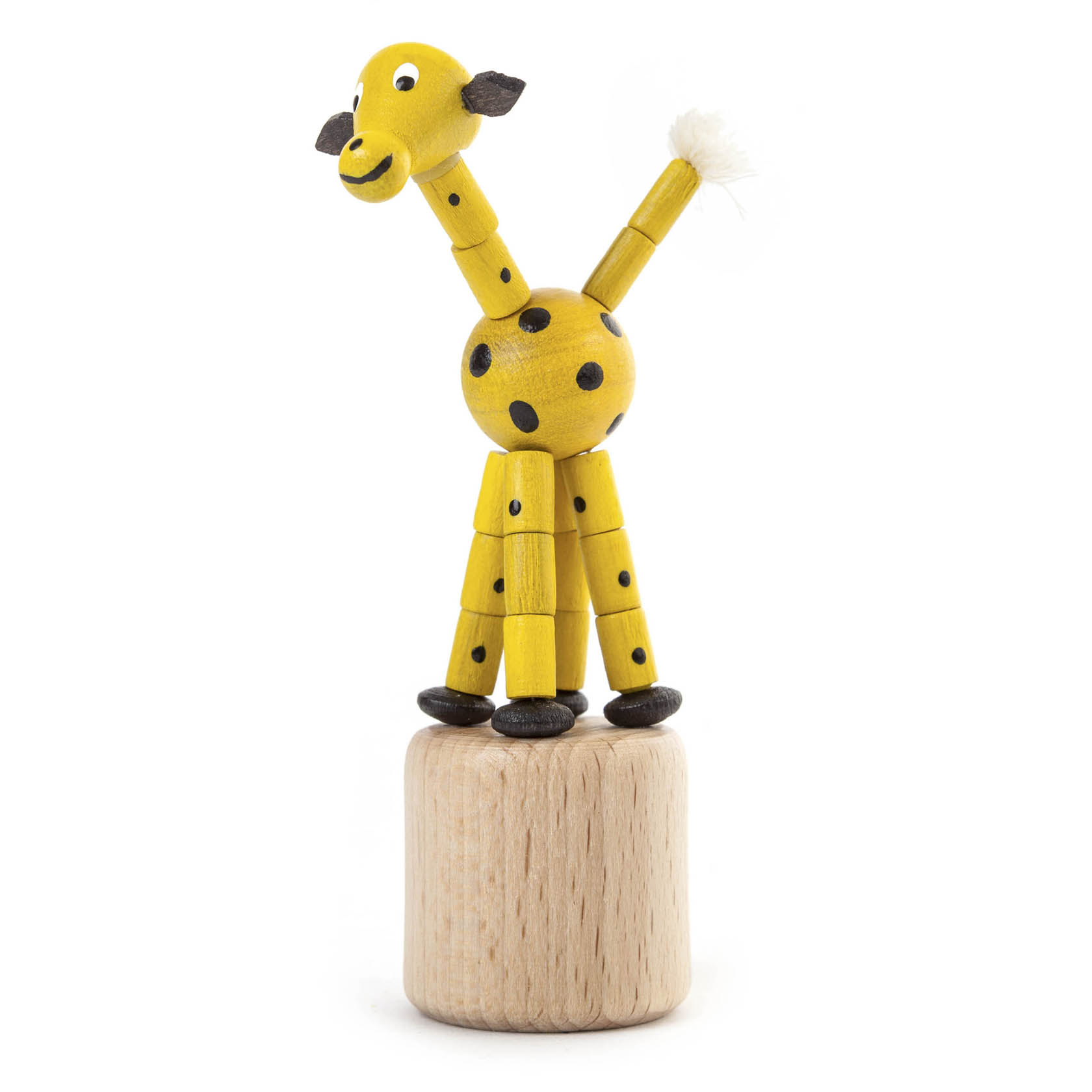 Ein gelbes Wackelspielzeug in Form einer Giraffe mit schwarzen Punkten steht auf einem hölzernen Sockel. Der Kopf und Körper sind mit beweglichen Gliedern verbunden. im Dregeno Online Shop günstig kaufen