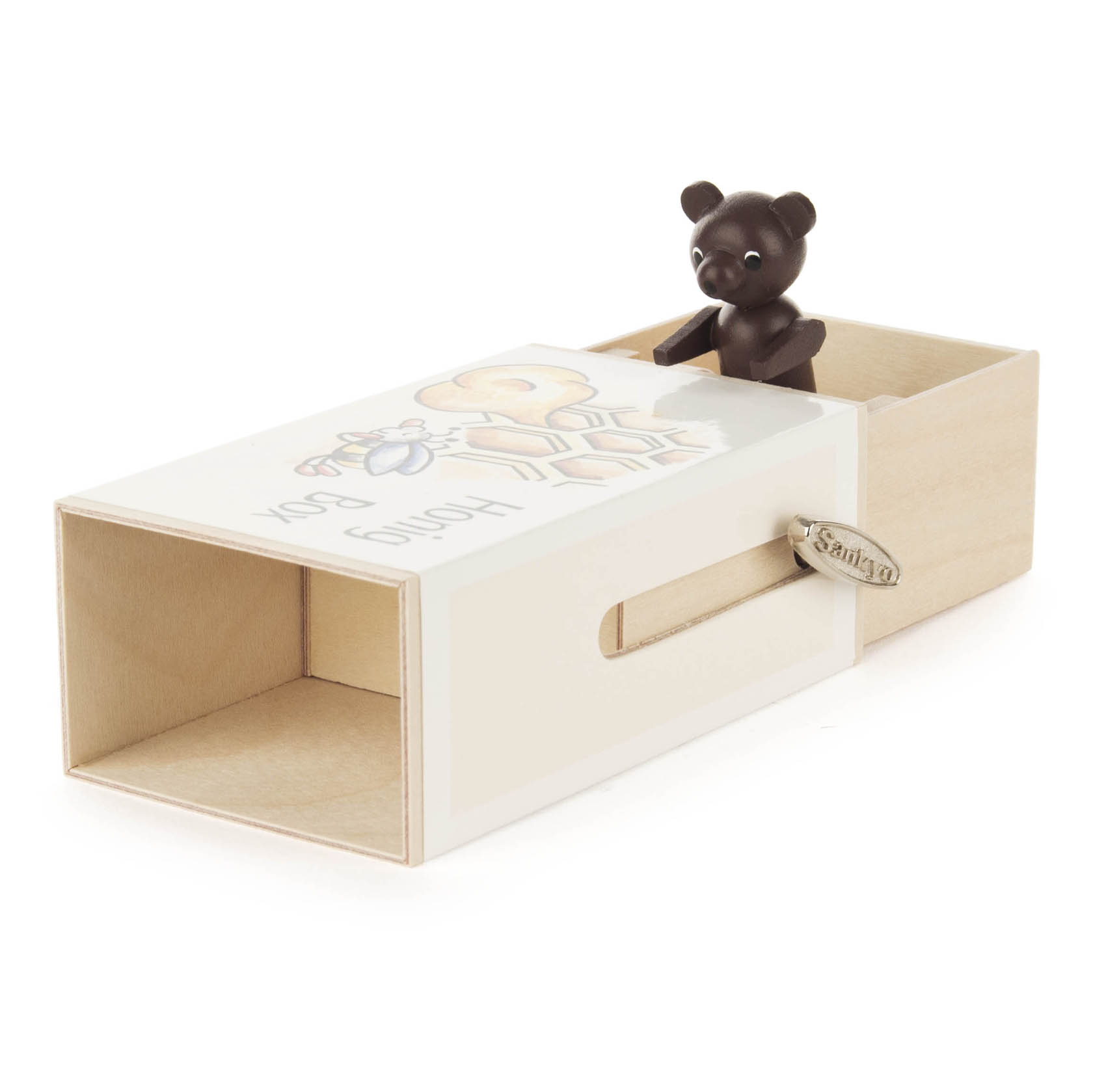 Kleine hölzerne Schiebebox mit der Aufschrift 'Honig-Box'. Ein dunkelbrauner Bär schaut aus der Schublade heraus. Es ist eine Spieluhr mit der Melodie 'Bienchen summ herum'.