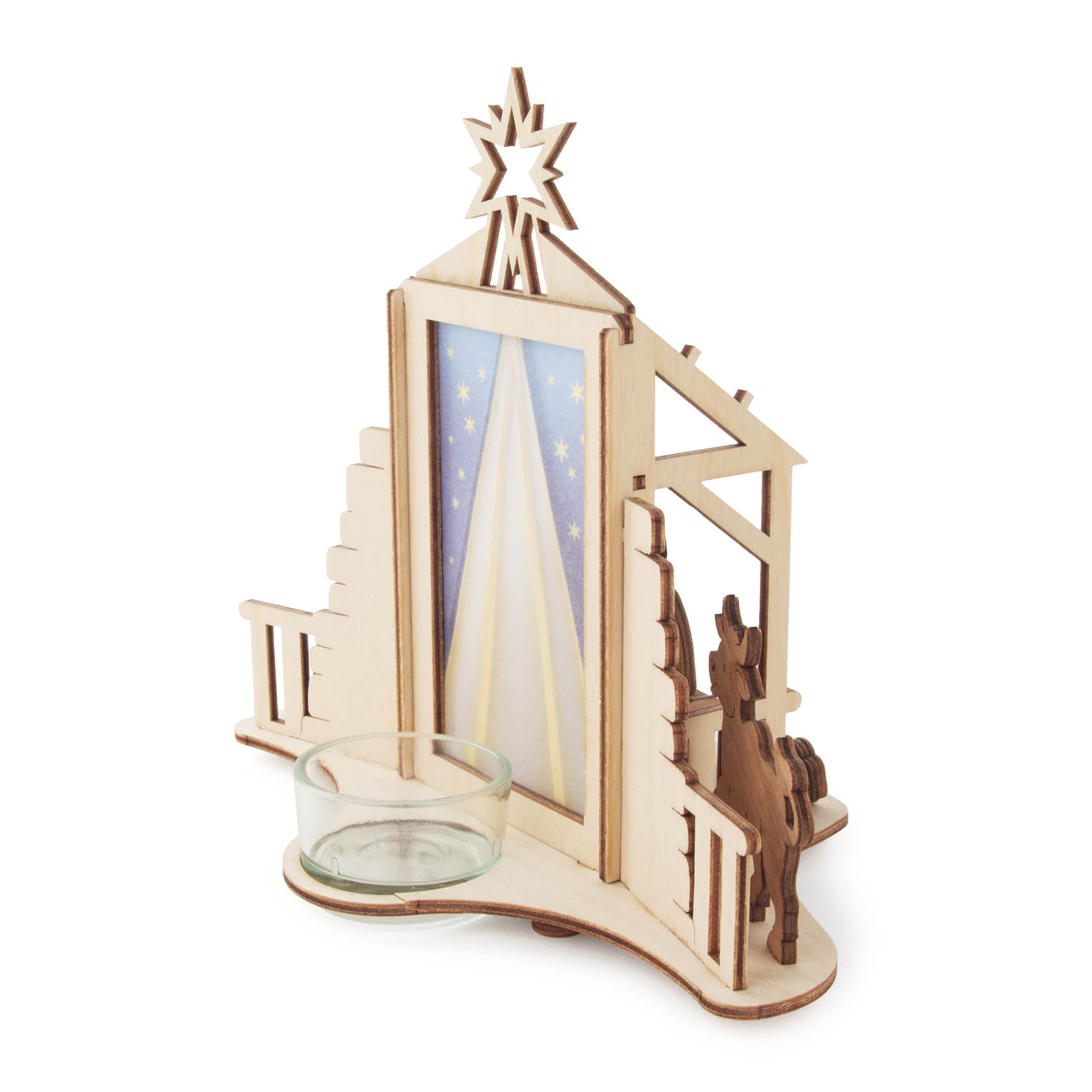 Wooden Nativity Scene tealight holder with a glass cup for a candle, featuring a star on top and a donkey figure on the side.
