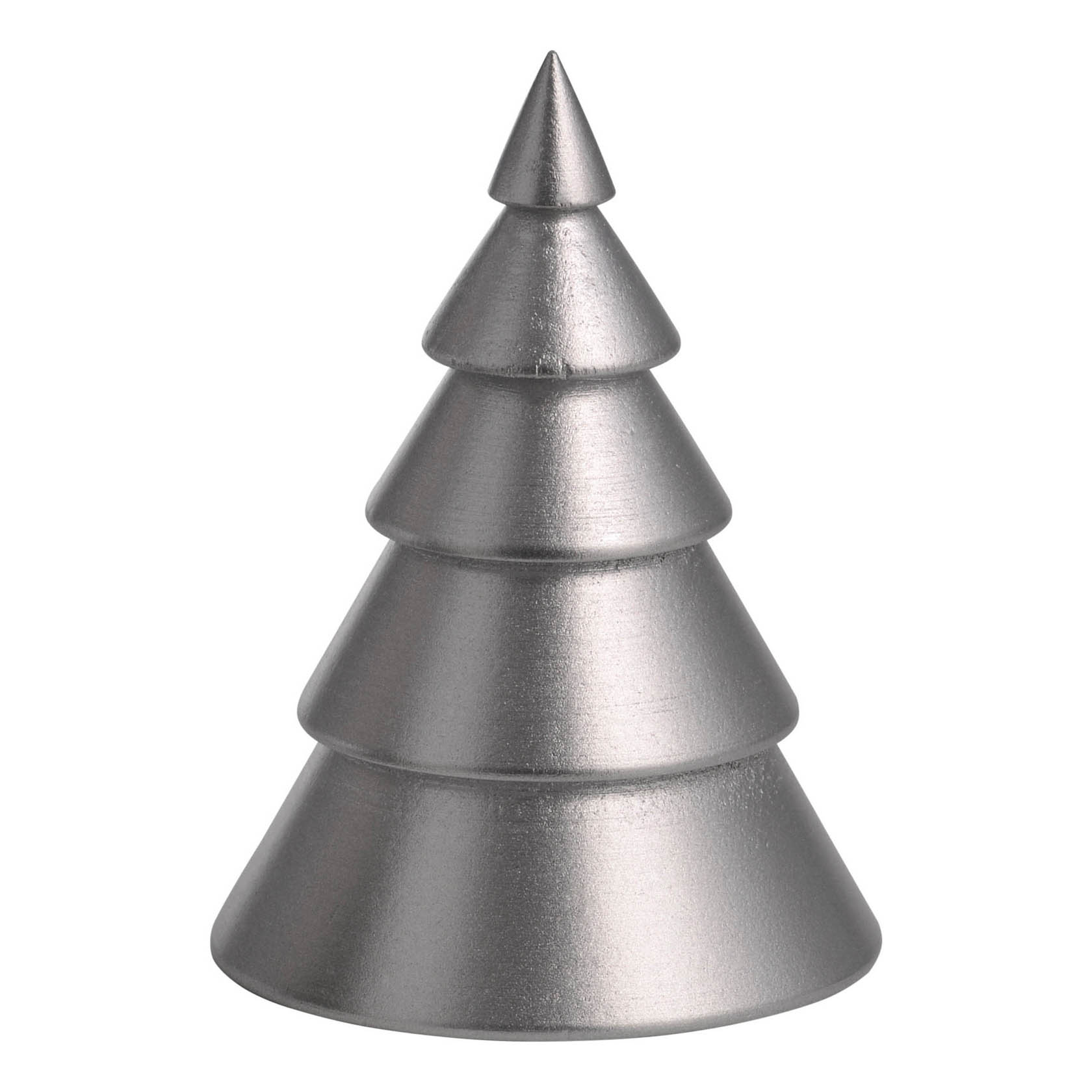 Silberner, kegelförmiger Deko-Baum mit vier schräg nach oben abnehmenden Ebenen, die in einer Spitze enden. im Dregeno Online Shop günstig kaufen