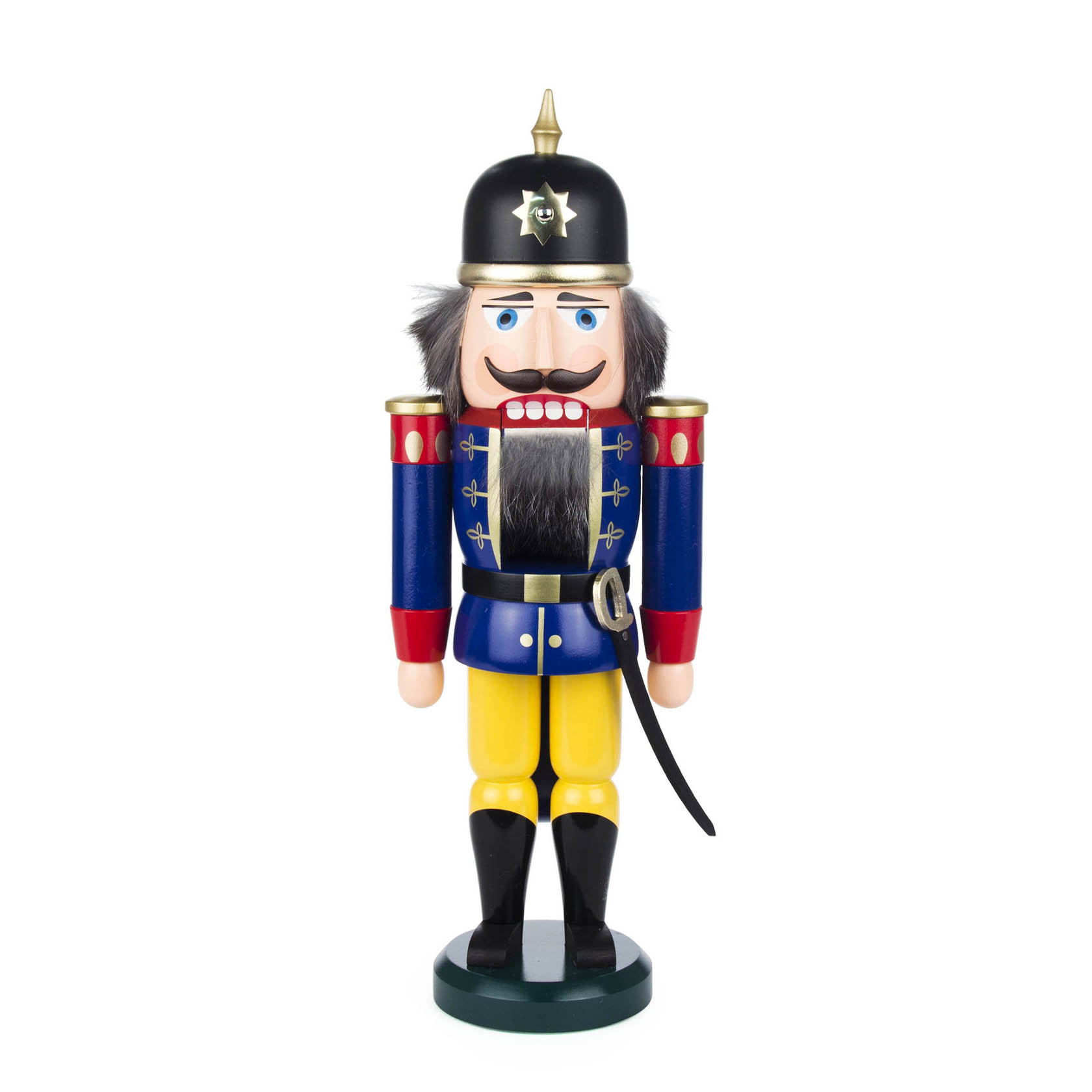 Holz-Nussknacker in Form eines Soldaten, bekleidet mit blauem Oberteil, gelber Hose und schwarzem Helm. Der Nussknacker hat einen Schnurrbart und ein Schwert an der Seite. im Dregeno Online Shop günstig kaufen