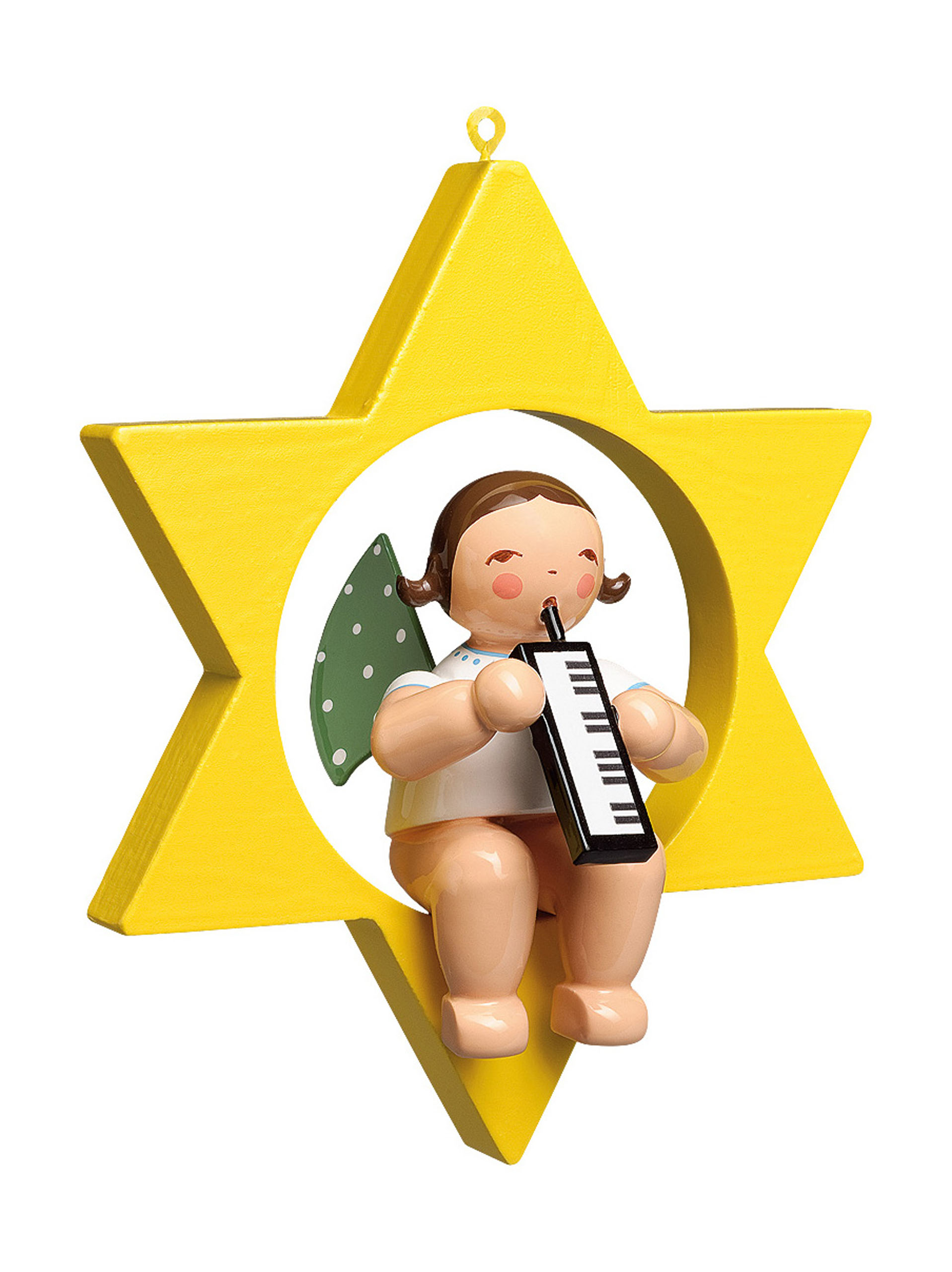 Holzengel mit Flügeln und Melodika sitzt in einem gelben, sternförmigen Rahmen und spielt die Melodika. im Dregeno Online Shop günstig kaufen