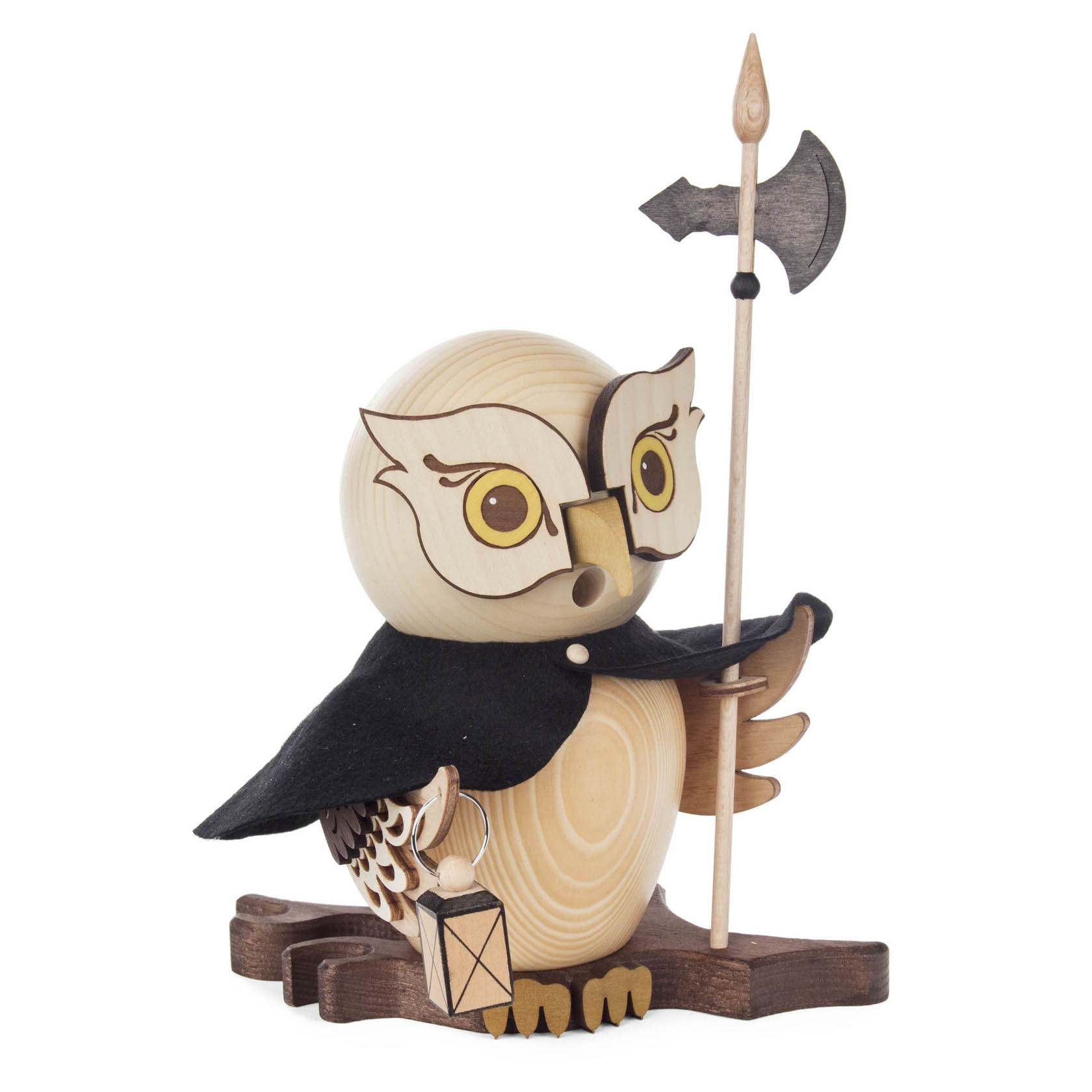 Handgefertigte Räuchereule im Nachtwächter-Design mit schwarzem Umhang, Helm mit großer Brille versehen, hält Laterne und Hellebarde in den Flügeln. im Dregeno Online Shop günstig kaufen
