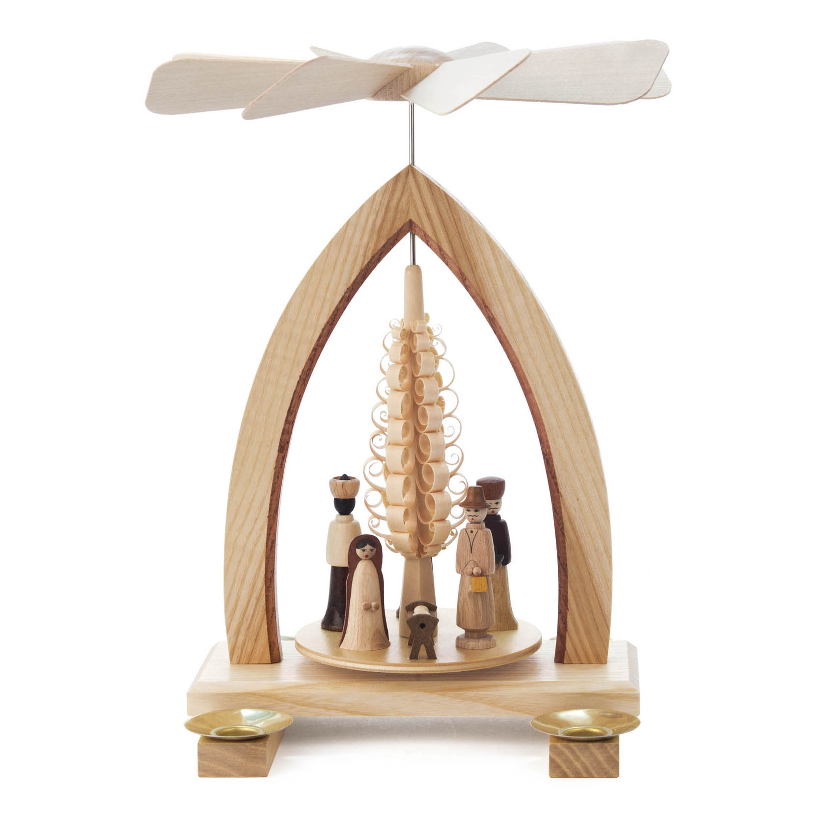 Holz-Weihnachtspyramide mit Figuren der Geburt Christi, darunter Maria, Josef und das Jesuskind, umgeben von Hirten und einem Holzantrieb für Kerzen. im Dregeno Online Shop günstig kaufen