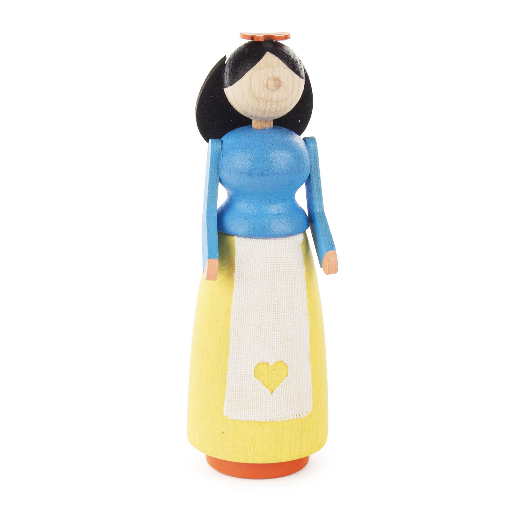 Eine hölzerne Figur des Schneewittchen, mit einem blauen Oberteil, einem gelben Rock und einer weißen Schürze mit einem Herz darauf. im Dregeno Online Shop günstig kaufen