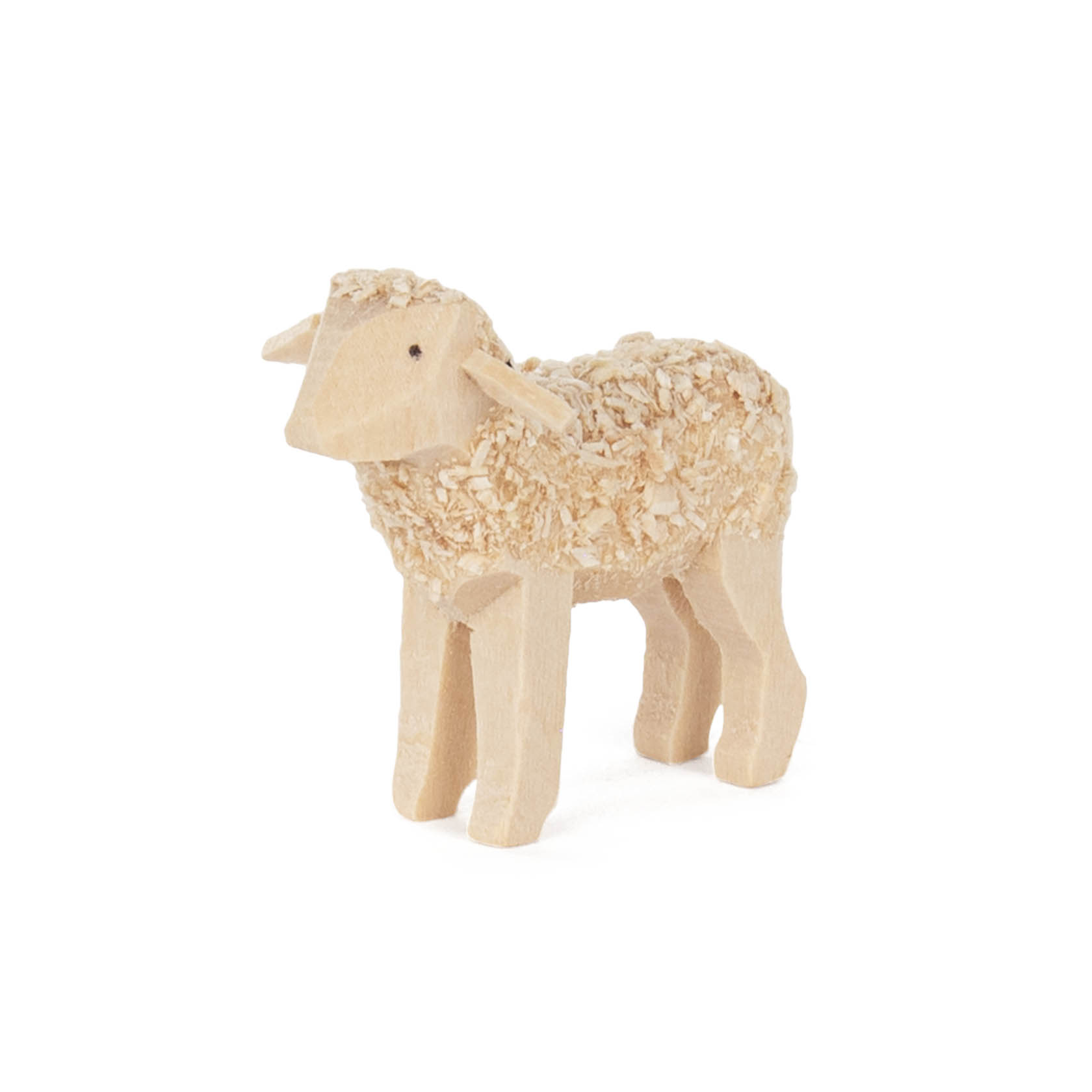 Kleine, hölzerne Schafsfigur mit 2cm Rückenhöhe, mit Spänen auf dem Rücken zur Darstellung von Wolle. im Dregeno Online Shop günstig kaufen