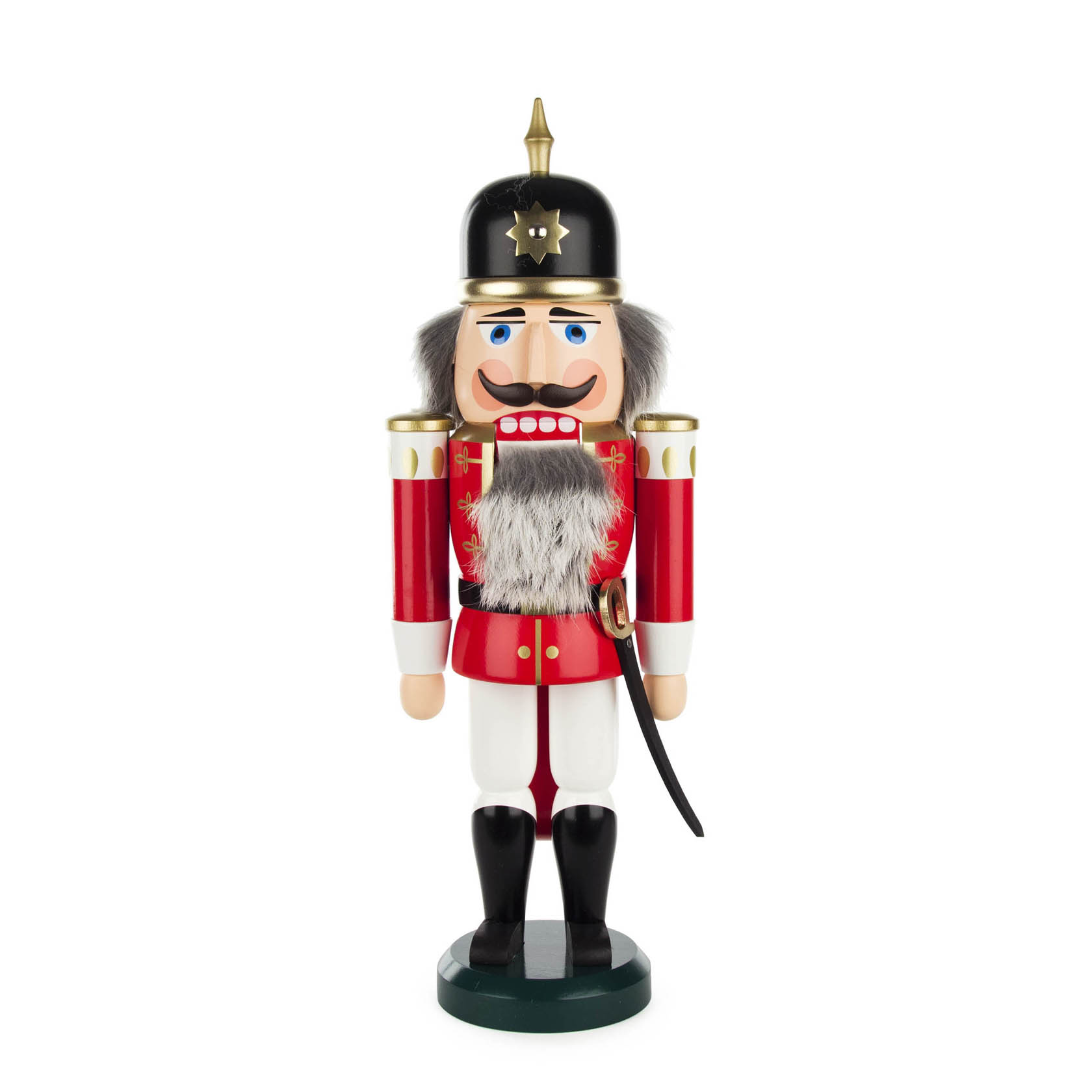 A red 37cm nutcracker soldier with a black hat, white beard, and decorative uniform. The soldier holds a sword and stands on a green base. im Dregeno Online Shop günstig kaufen