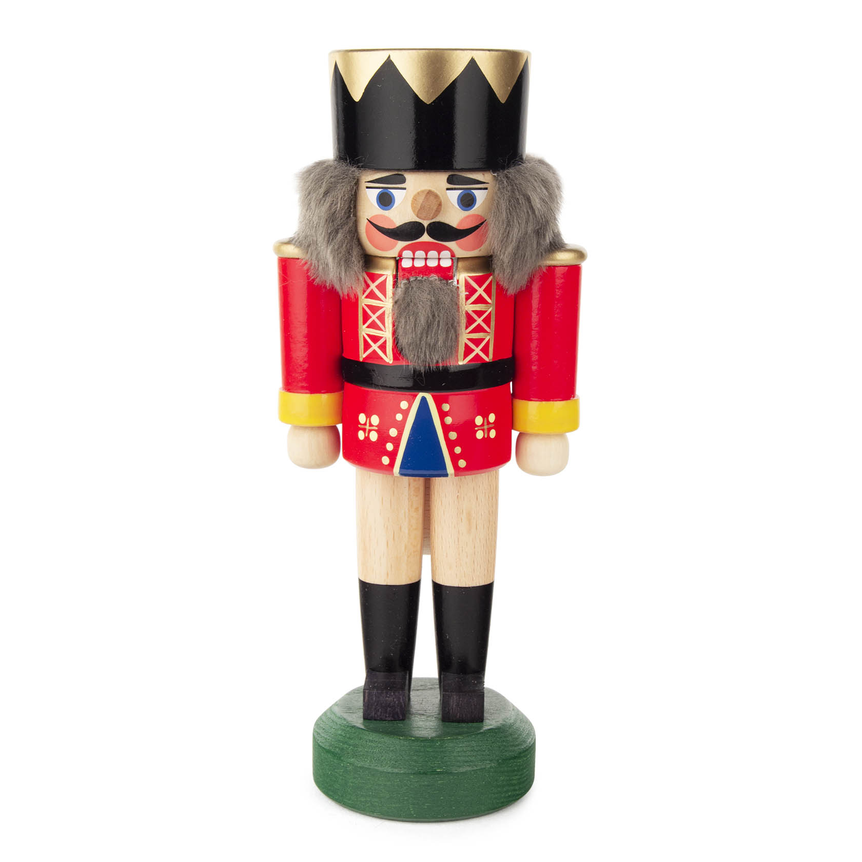 Ein traditioneller Nussknacker in Form eines Königs. Er trägt eine rote Uniform mit goldenen Details, schwarzem Bart und einer Krone. Höhe: 17 cm. im Dregeno Online Shop günstig kaufen