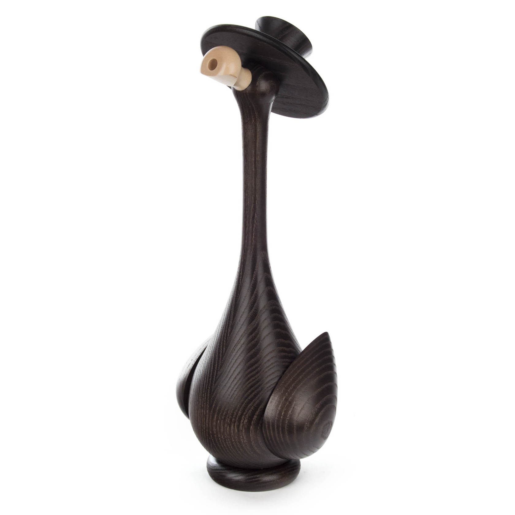 Gestaltete Holzfigur einer Ente mit langem Hals und Räucherfunktion, dunkles Holz, Hut auf dem Kopf, Pfeife im Schnabel, elegantes Design. im Dregeno Online Shop günstig kaufen