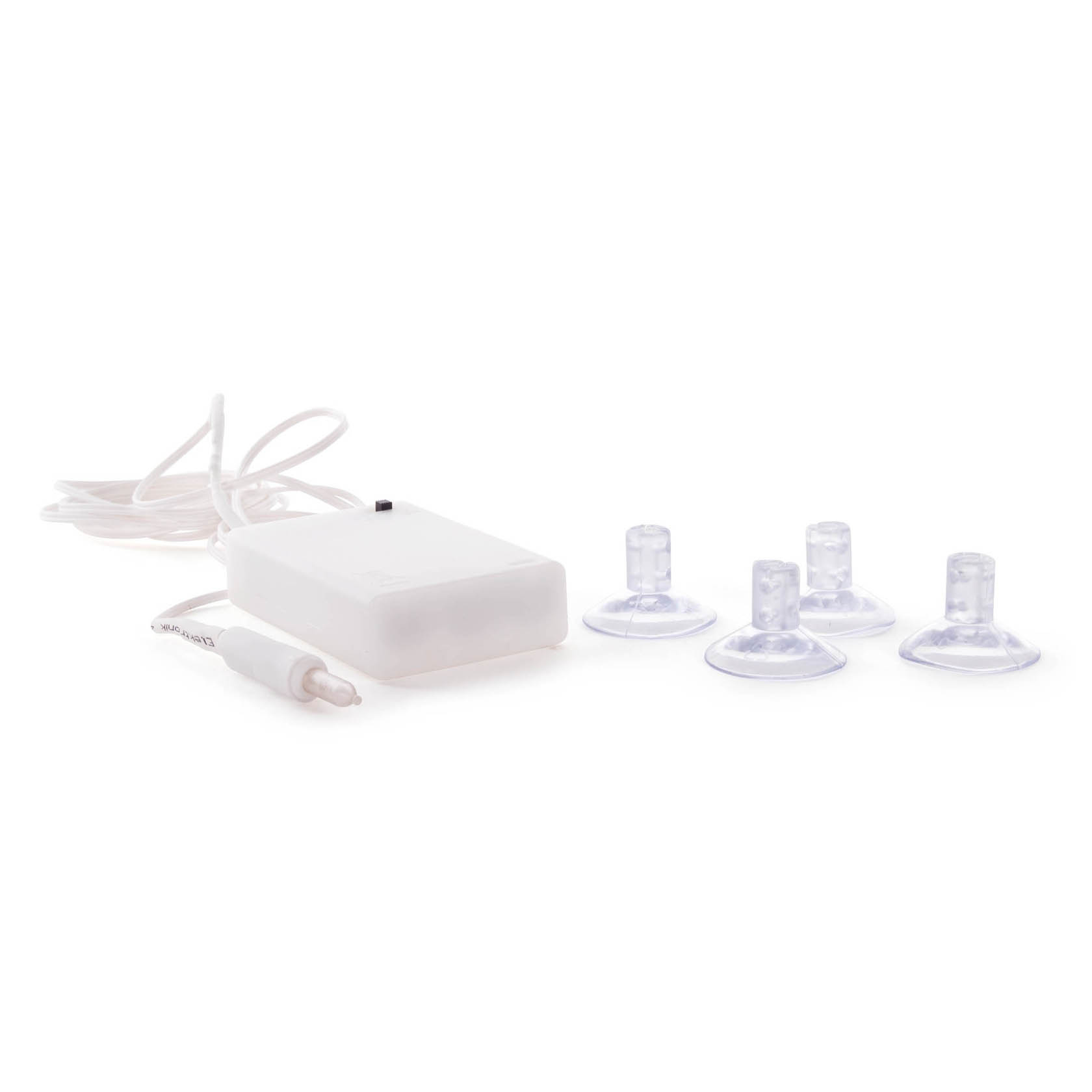 Ein LED-Beleuchtungsset mit einem weißen Batteriegehäuse und vier transparenten Saugnäpfen. im Dregeno Online Shop günstig kaufen